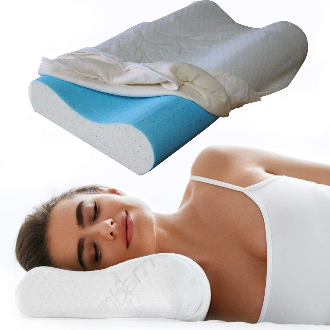 Cooling Memory Foam Neck Pillow for Side Sleepers - Ergonomic Contour Pillow for Neck & Shoulder Pain Relief, Spine Alignment - Hypoallergenic Cotton Cover (Perfect for Travel, Office & Home Use)