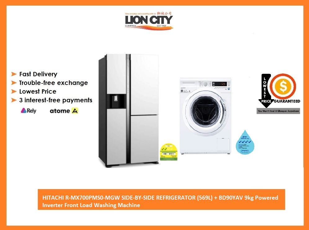 Hitachi 569L Side by Side Refrigerator with Inverter Technology & 9kg Front Load Washing Machine - Energy Efficient Kitchen Appliances for Modern Homes | Perfect for Large Families & Open-Plan Living Spaces