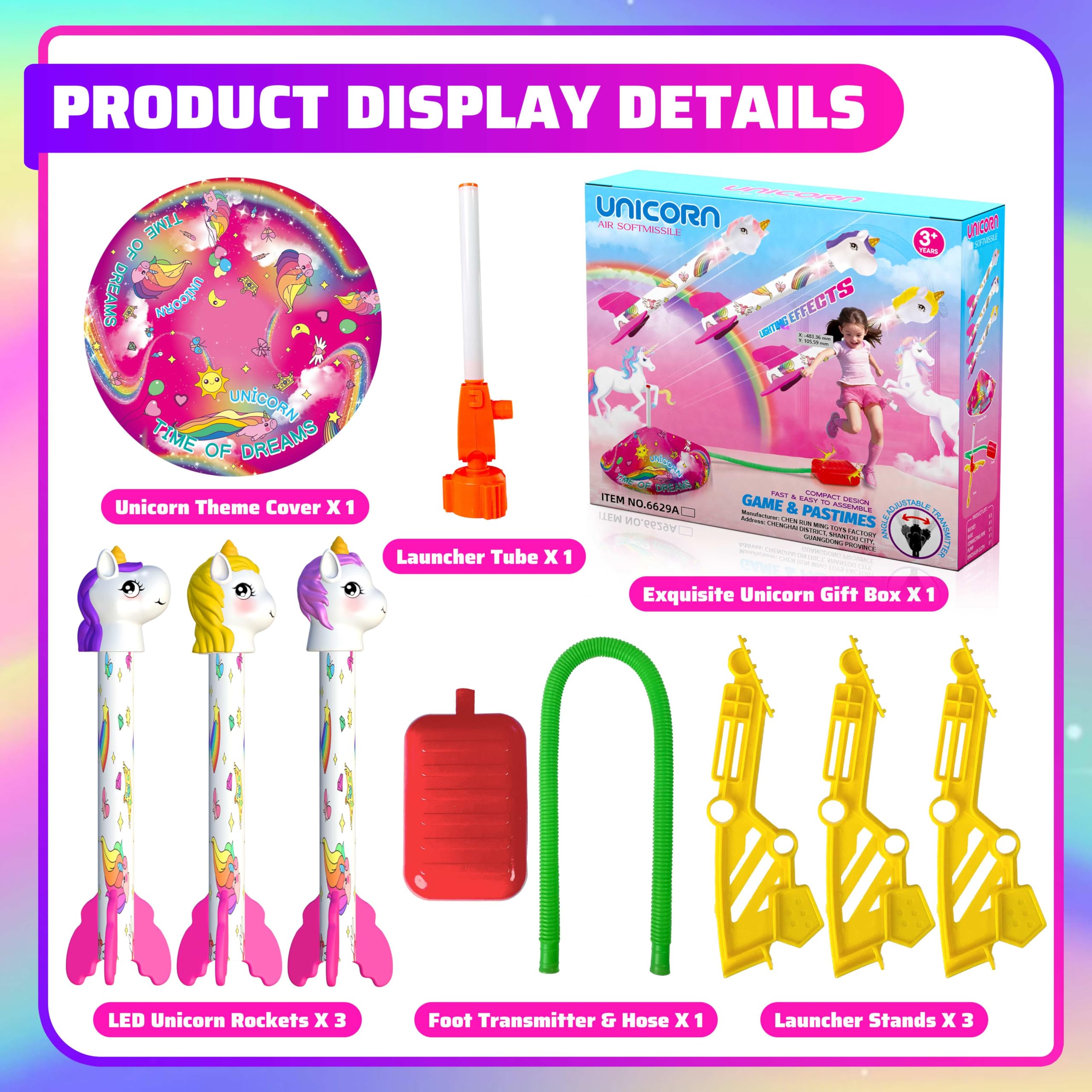 Unicorn Toy Rocket Launcher for Kids - 3 LED Light Up Rockets, Stomp Launch Outdoor Play Toy - Best Birthday Gift for Girls & Boys Ages 3-8 (Great for Backyard, Park & Outdoor Activities)
