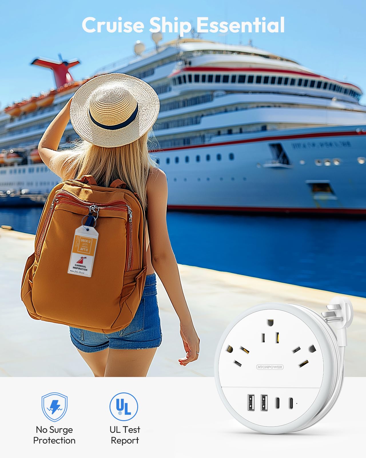 NTONPOWER Travel Power Strip with 3 Outlets & 4 USB Ports (2 USB-C) - 4FT Flat Extension Cord for Cruise, Hotel, Office - Portable Charging Station for Phones, Laptops, Tablets - White Travel Essentials