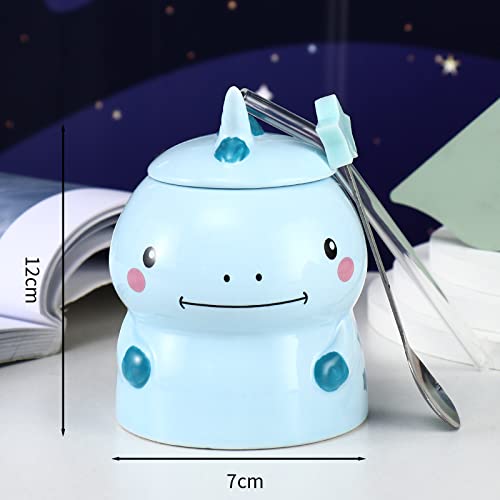 Dinosaur 3D Ceramic Coffee Mug with Spoon - 450ml Kids Milk Cup for Girls & Boys, Dinosaur Blue Smile Design - Perfect for Birthday Party Gifts, Home Use & Daily Coffee/Tea Drinking