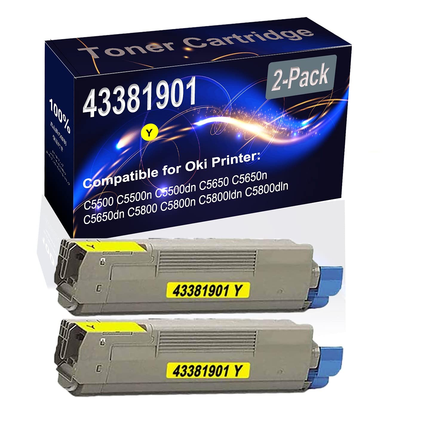 2-Pack High Yield Replacement Toner Cartridge for Oki C5500n C5650dn C5800dln Printers - Compatible with 43381901 (Type C8) - Yellow Ink - Ideal for Office & Home Printing Needs