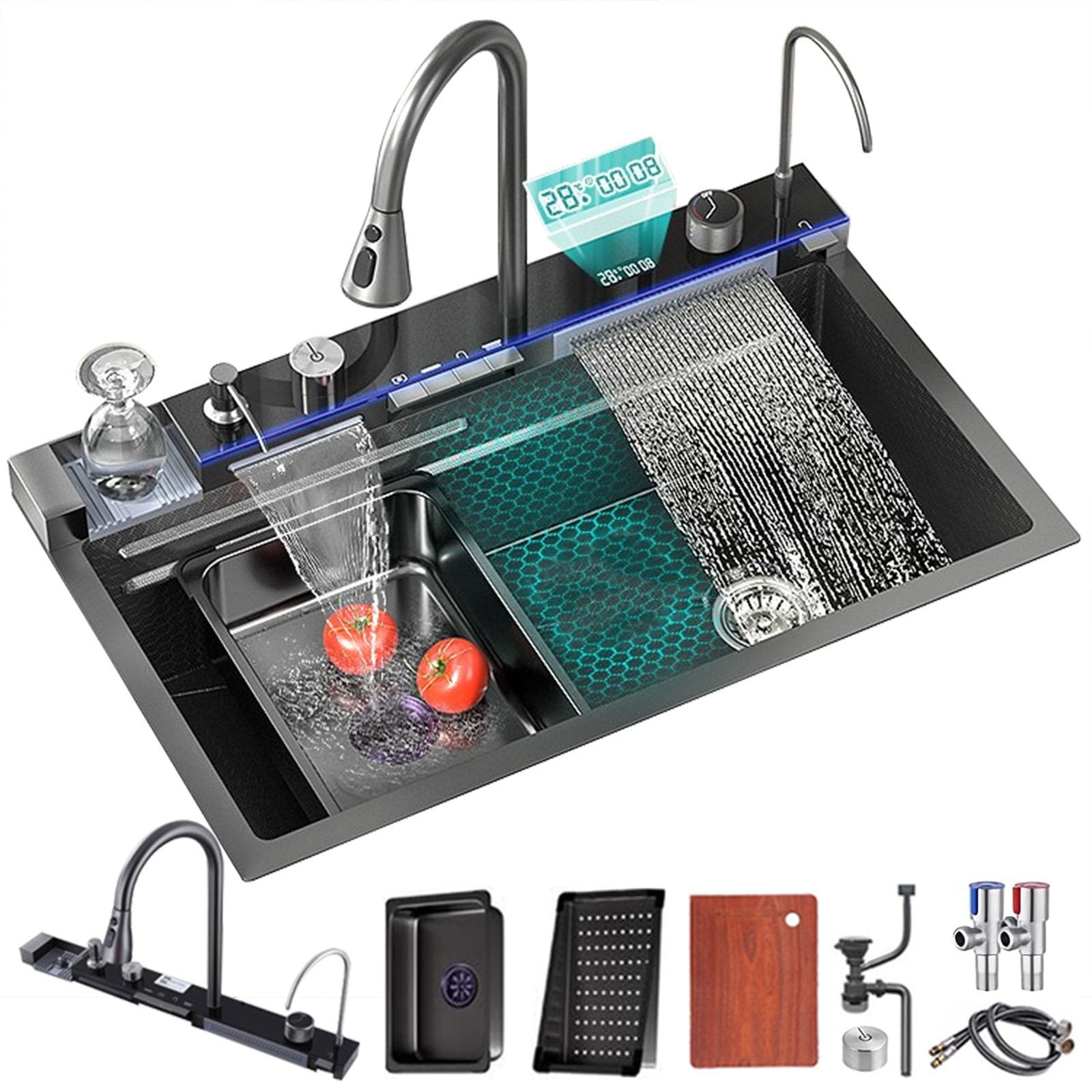 Digital Waterfall Kitchen Sink - FIVIXIL Multifunctional Whale Console Sink with Soap Dispenser, Flying Rain Waterfall Faucet & Tabletop Control - Perfect for Modern Kitchens & Luxury Home Renovations