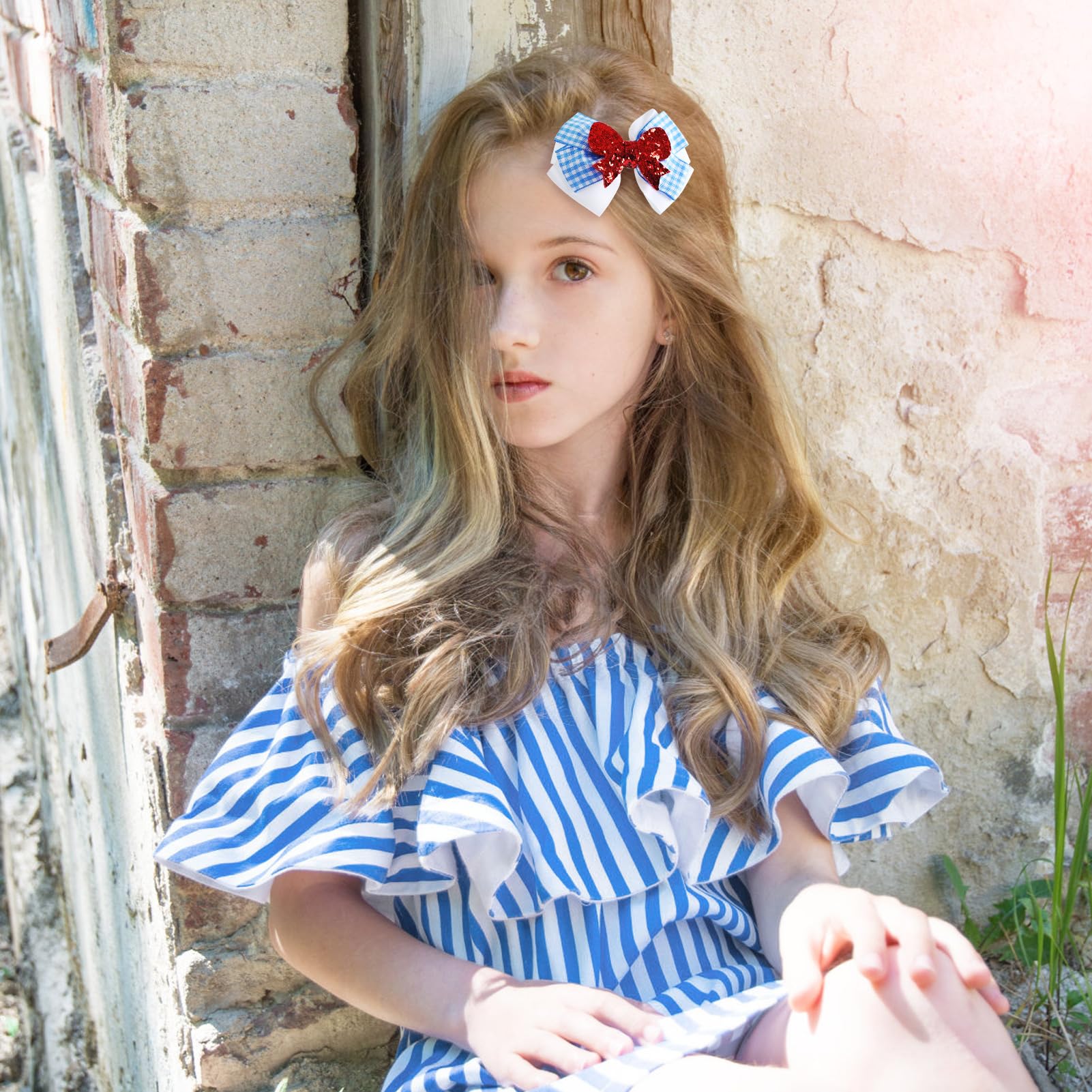 2PC Blue and White Gingham Hair Bow Clips - 3.5 Inch Checker Pigtail Bows for Girls - Wizard of Oz Dorothy Halloween Costume Accessories - Perfect for Cosplay, Dress Up Parties, and Themed Events