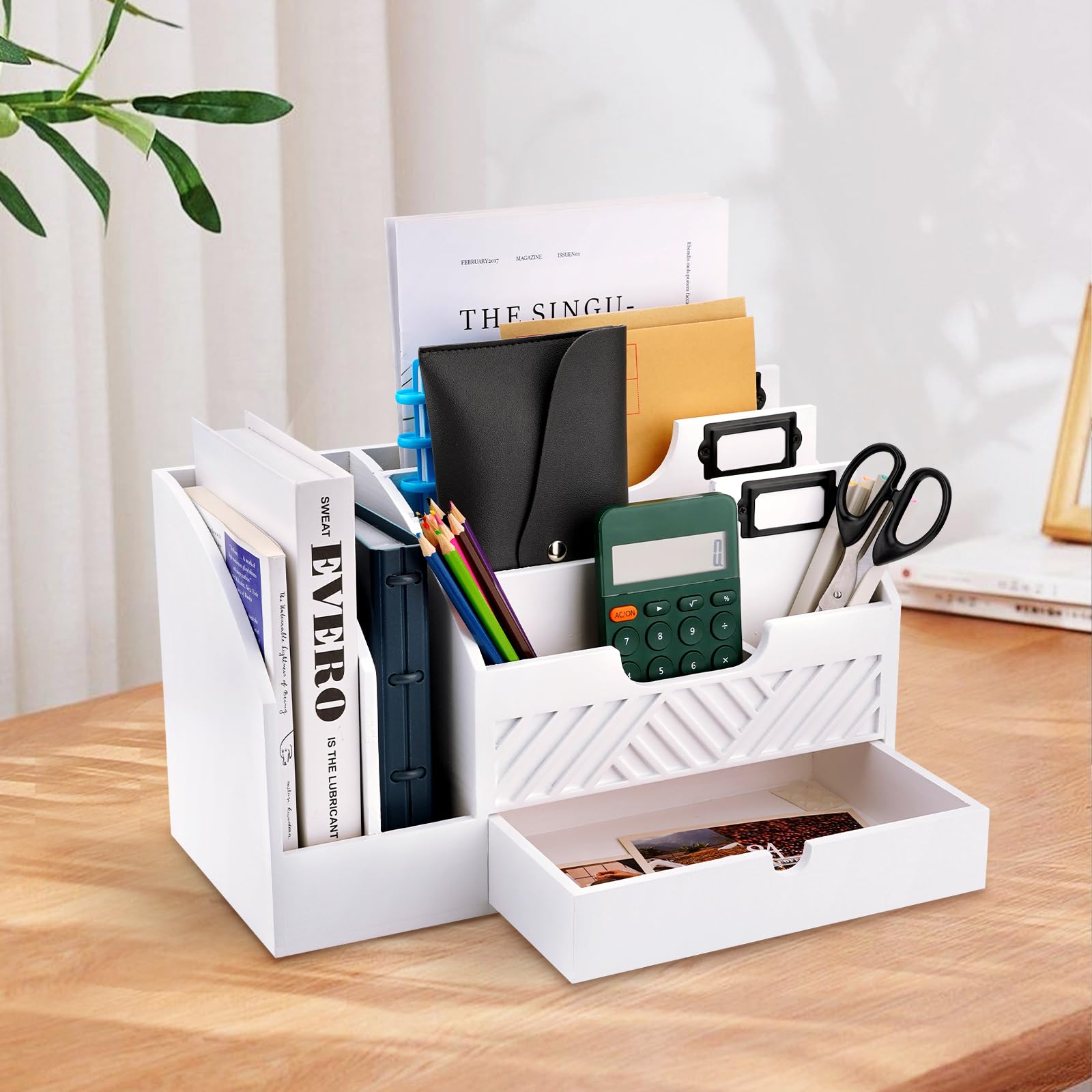 Fantasyon White Wood Mail Organizer - Desktop Mail Holder with Drawer, Bill File Organizer & Letter Sorter - Wooden Desk Accessory for Office, Home (Paper, Envelopes, Documents) - Perfect for Workspace Organization & Mail Management