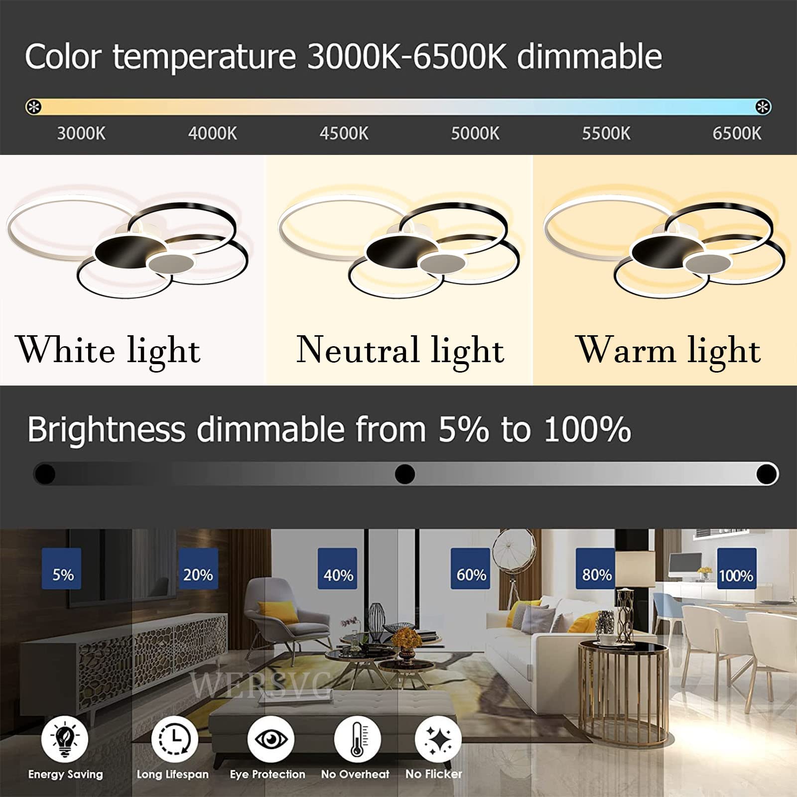 Modern 6-Ring LED Ceiling Light 95W 7840LM Dimmable 3500K-6500K with Remote Control - Black 100cm Round Hall Lamp for Living Room, Bedroom, Kitchen & Dining Room - Perfect for Ambient Lighting and Home Decor