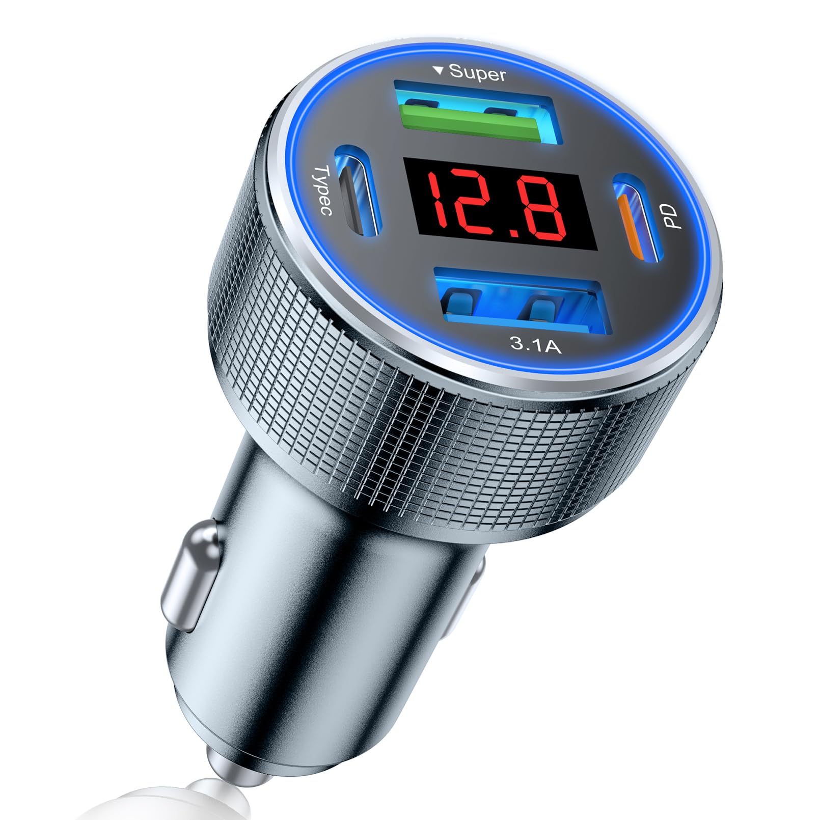78W 4-Port USB C Car Charger with Voltmeter - Fast Charging Adapter for iPhone 16/15/14/13 Pro, Samsung Galaxy, iPad - Perfect for Road Trips & Multi-Device Charging in Vehicles