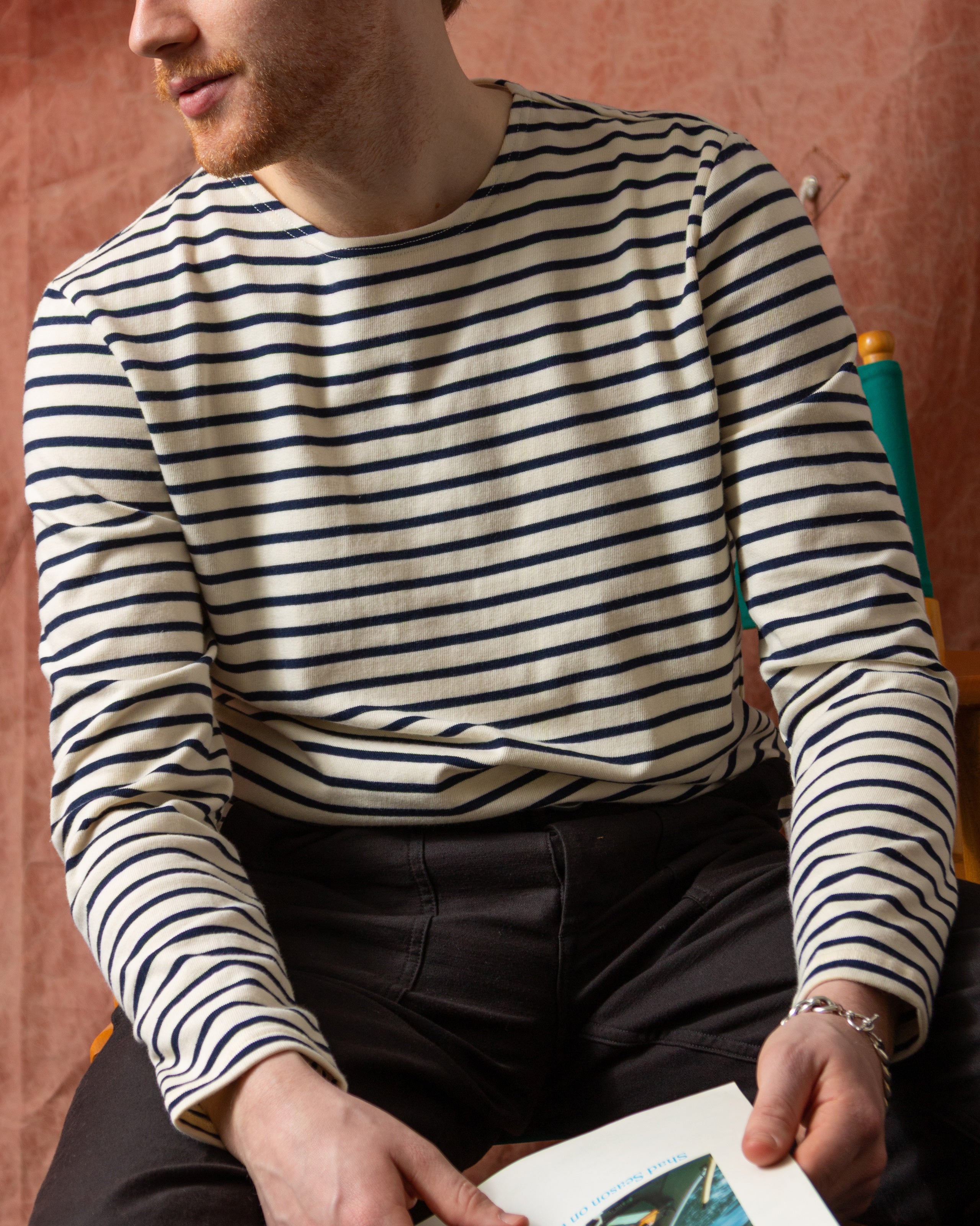 Men's Breton Stripe Boatneck T-Shirt - Classic Off White & Navy Striped Cotton Tee for Casual Wear, Weekend Outfits, and Layering
