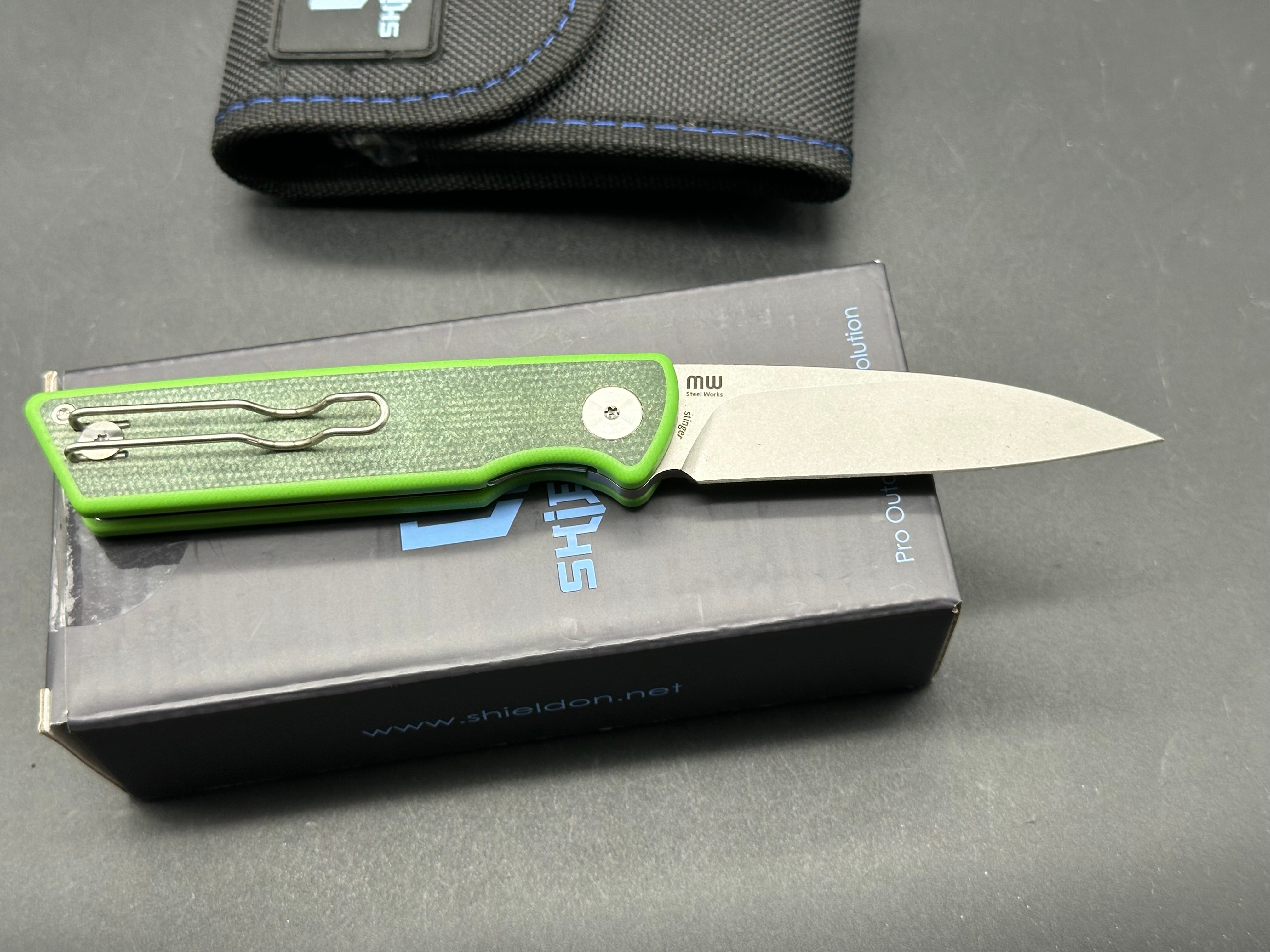 SHIELDON STINGER Folding Knife - Black Green Micarta/G10 Handle, 14C28N Stainless Steel Plain Edge Blade - EDC, Camping, Hunting & Outdoor Survival Tool