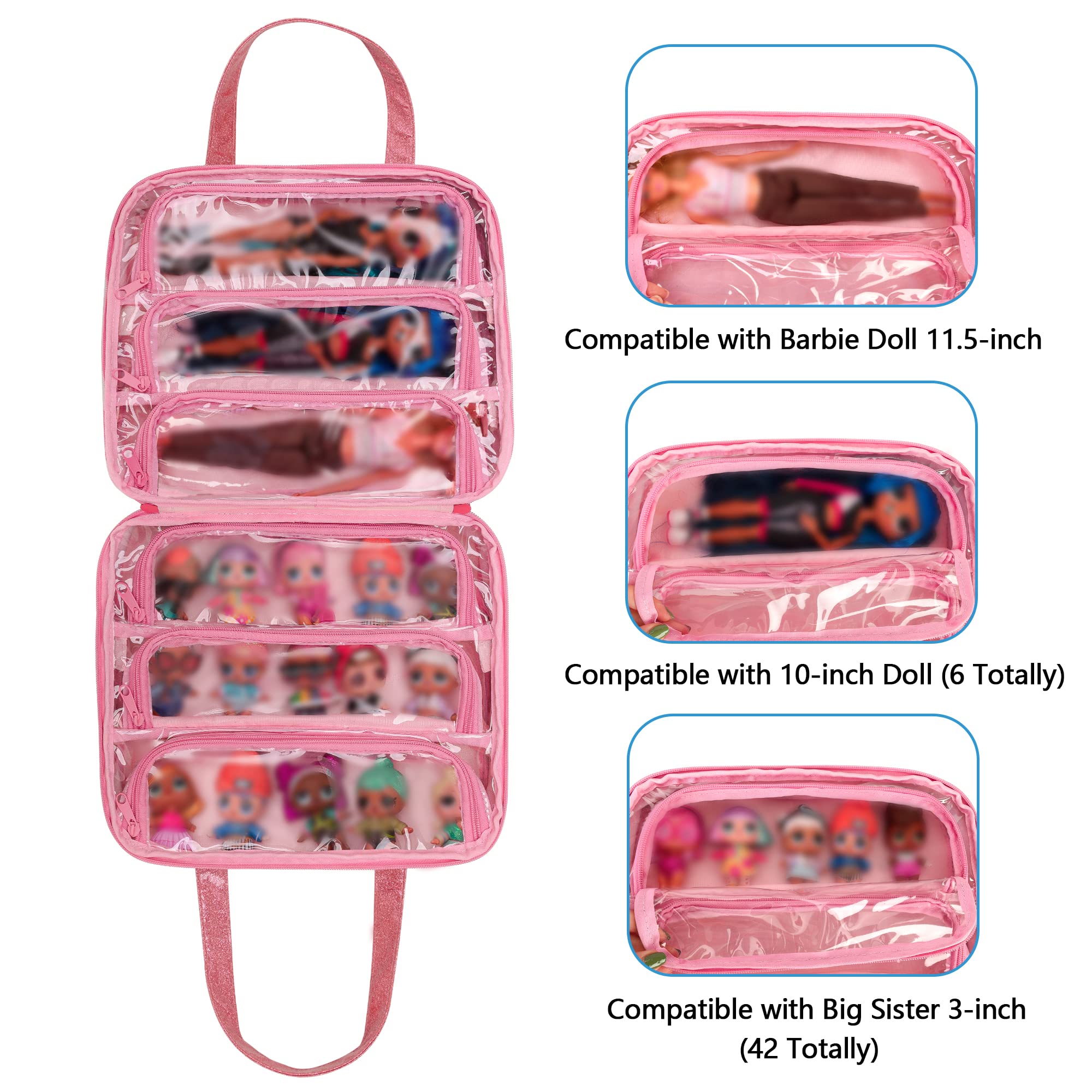 LoDrid Doll Tote Carrying Case for LOL Surprise Dolls - Hanging Organizer Storage Bag with 6 Clear Window Pockets - Pink Patent Design - Perfect for Girls' Toy Organization & Travel