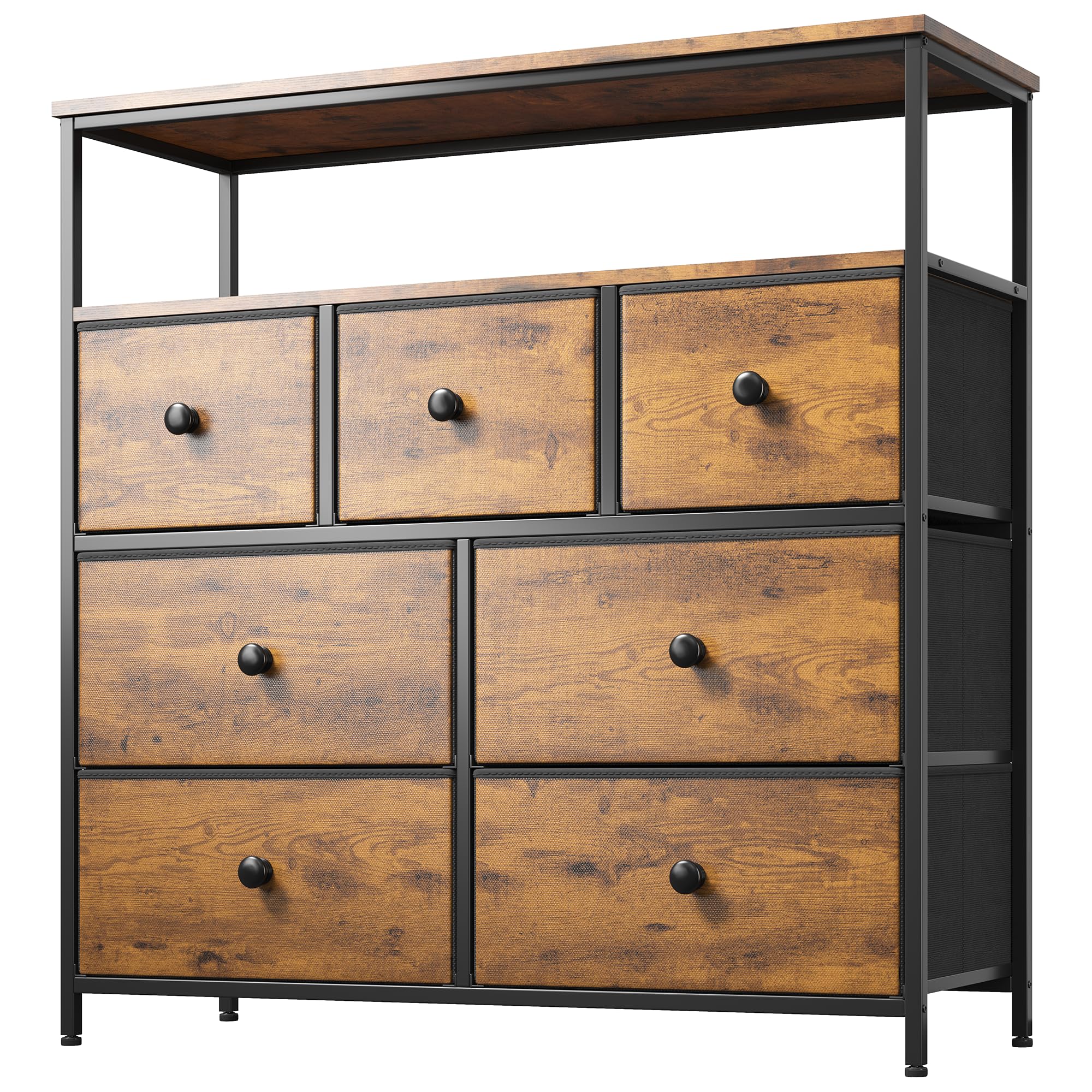 EnHomee 7-Drawer 2-Shelf Rustic Brown Dresser with Wooden Top & Metal Frame - Tall Chest of Drawers for Bedroom, Closet Storage & TV Stand | Perfect for Rustic Home Decor, Apartment Organization & Living Room Furniture
