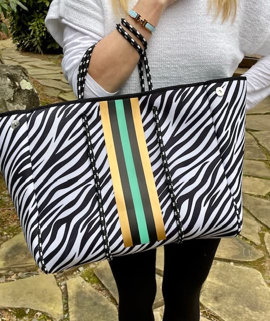 Neoprene Tote Bag for Women - Large Foldable Beach Bag, Gym & Pool Tote - Black White Zebra Stripe Design - Perfect for Travel, Swimming, Yoga & Shopping