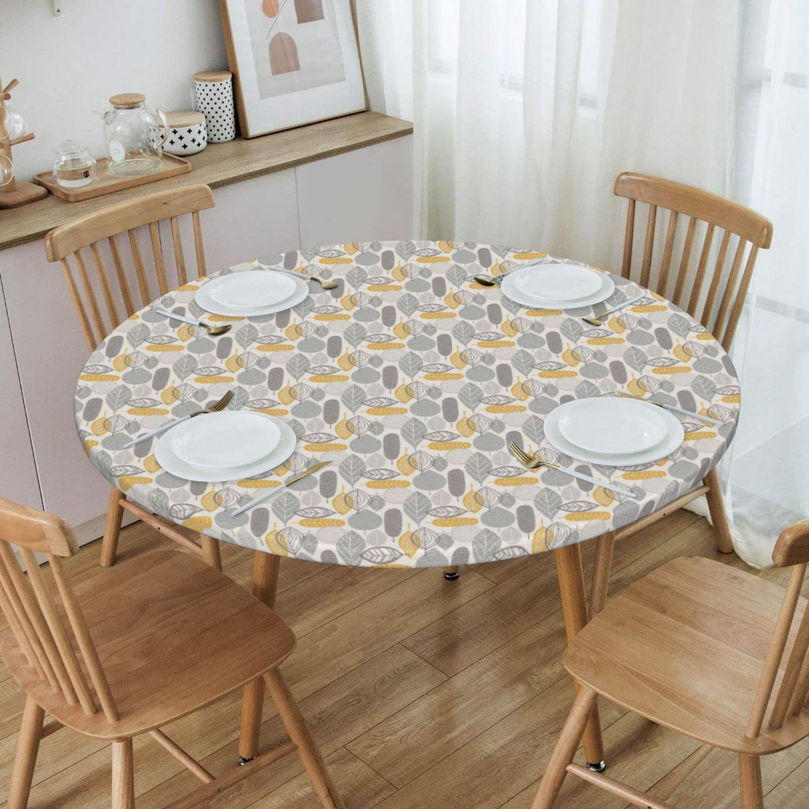 Waterproof Elastic Edged Round Fitted Tablecloth - Yellow Grey Leaves Design for 40