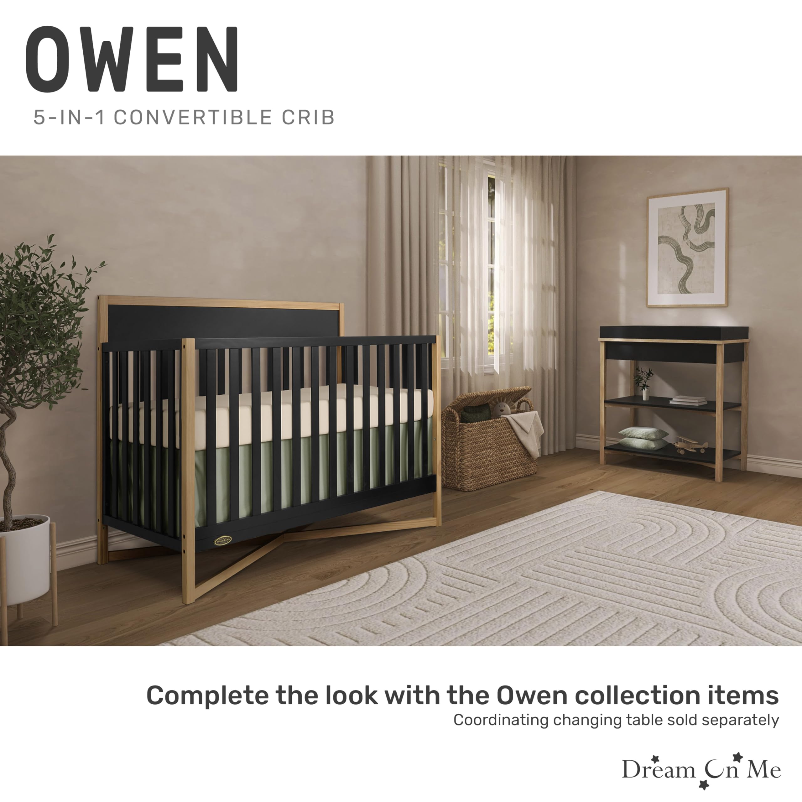 Dream On Me Owen 5-in-1 Convertible Crib - Matte Black | Greenguard Gold & JPMA Certified | Converts to Toddler Bed, Day Bed, Kids Sofa & Full Size Bed | Safe Nursery Furniture for Baby & Toddler Rooms