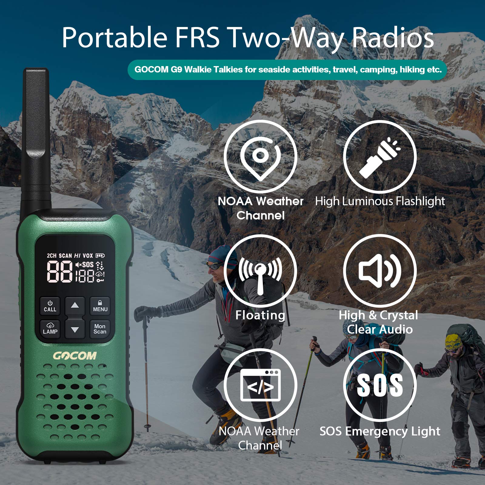 G9 Waterproof Walkie Talkies for Adults - Long Range 2 Way Radios with NOAA Weather Alert, SOS, Flashlight & Rechargeable Battery - Floating Portable Two Way Radios for Hiking, Camping, Hunting & Outdoor Adventures (4 Pack)