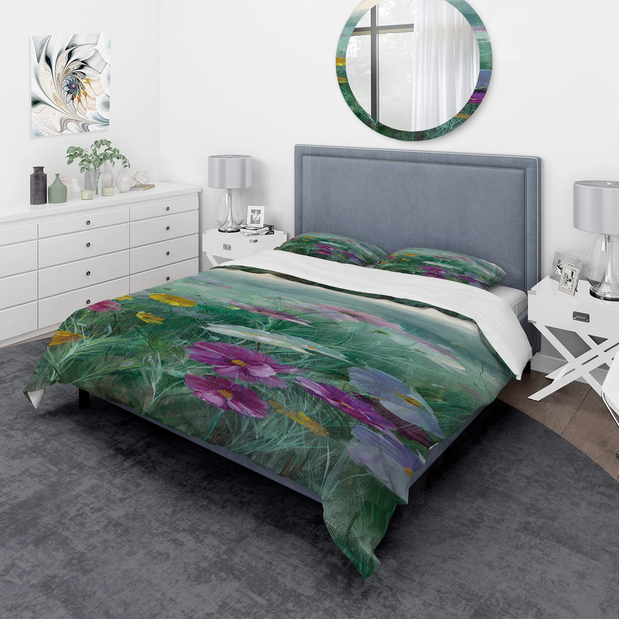 DesignQ Cosmos at Dawn III Traditional Floral Duvet Cover Set - Queen Size Blue Bedding Set (3-Piece) for All Seasons | Perfect for Master Bedroom, Guest Room & Cozy Home Decor
