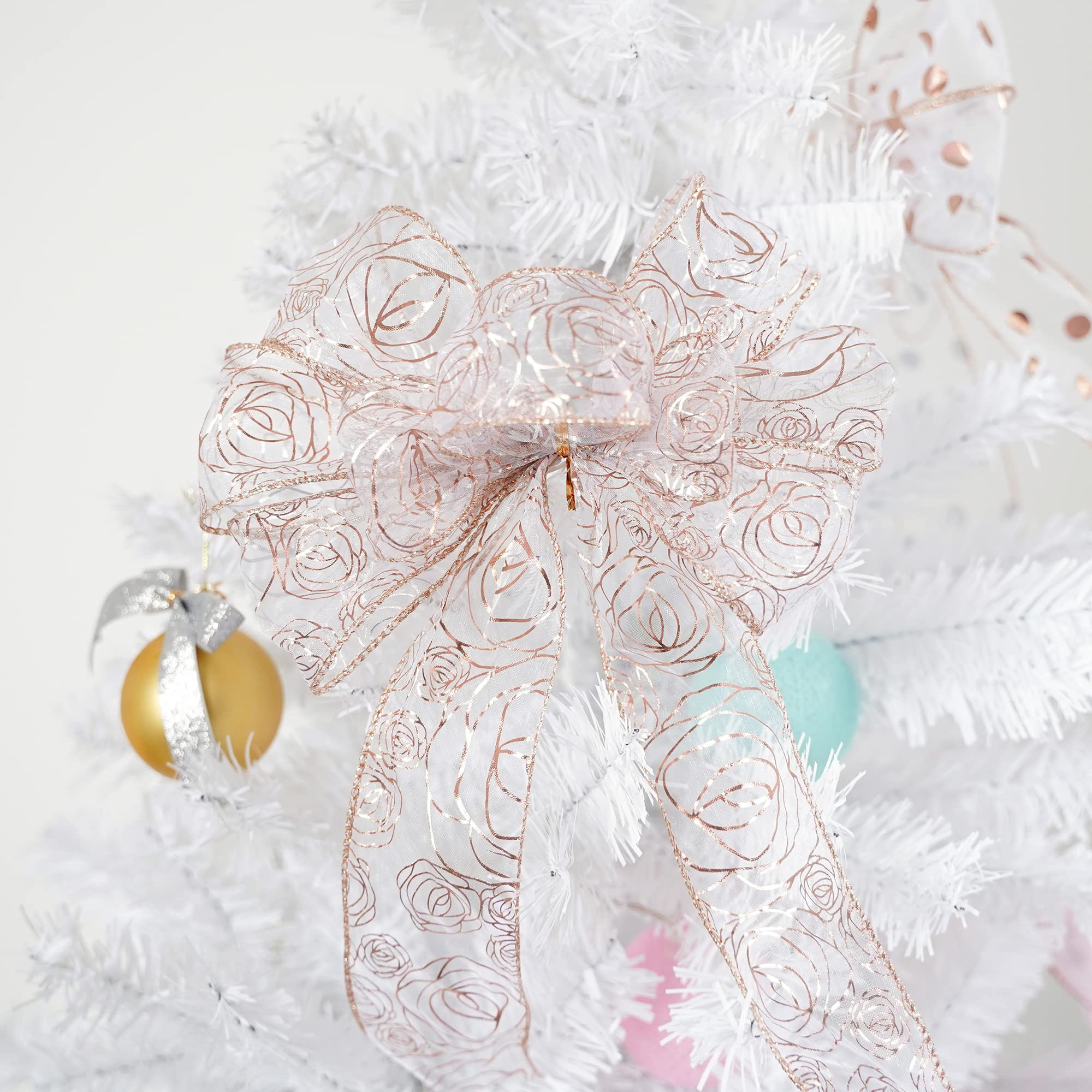 MEEDEE Floral Rose Wired 2.5 Inch Rose Gold Organza Sheer Ribbon - 25 Yards Roll for Wedding Bouquets, Crafts, Valentine Bow Making, Gift Wrapping & Home Decor (Pink) - Perfect for DIY Projects, Party Decorations & Bridal Accessories