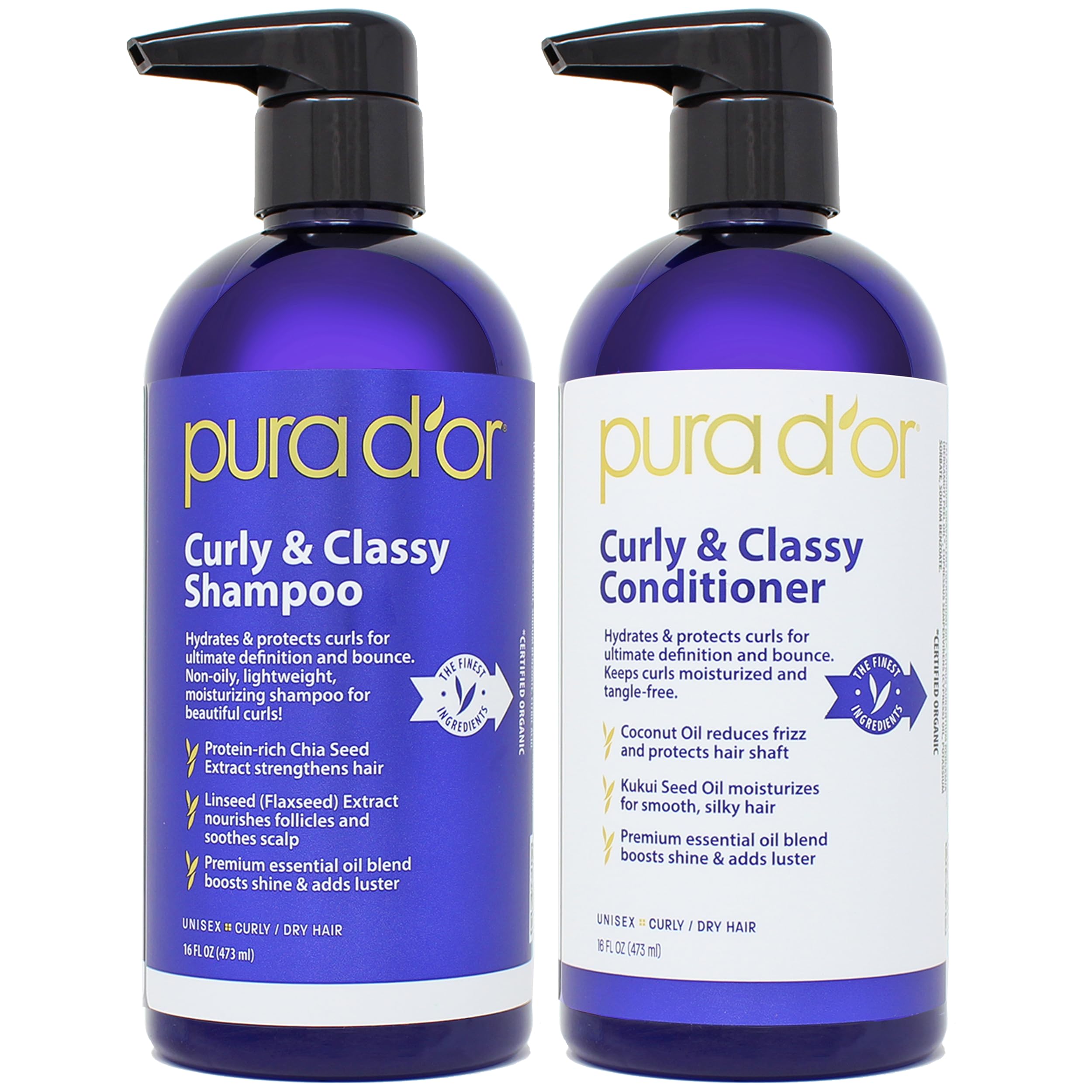 PURA D'OR Curly Hair Shampoo & Conditioner Set for Defined Curls - Nourishing Formula with Argan, Castor, Geranium, Coconut & Kukui Seed Oils - Hydrating & Frizz Control for Wavy, Coily & Curly Hair - Perfect for Daily Hair Care Routine