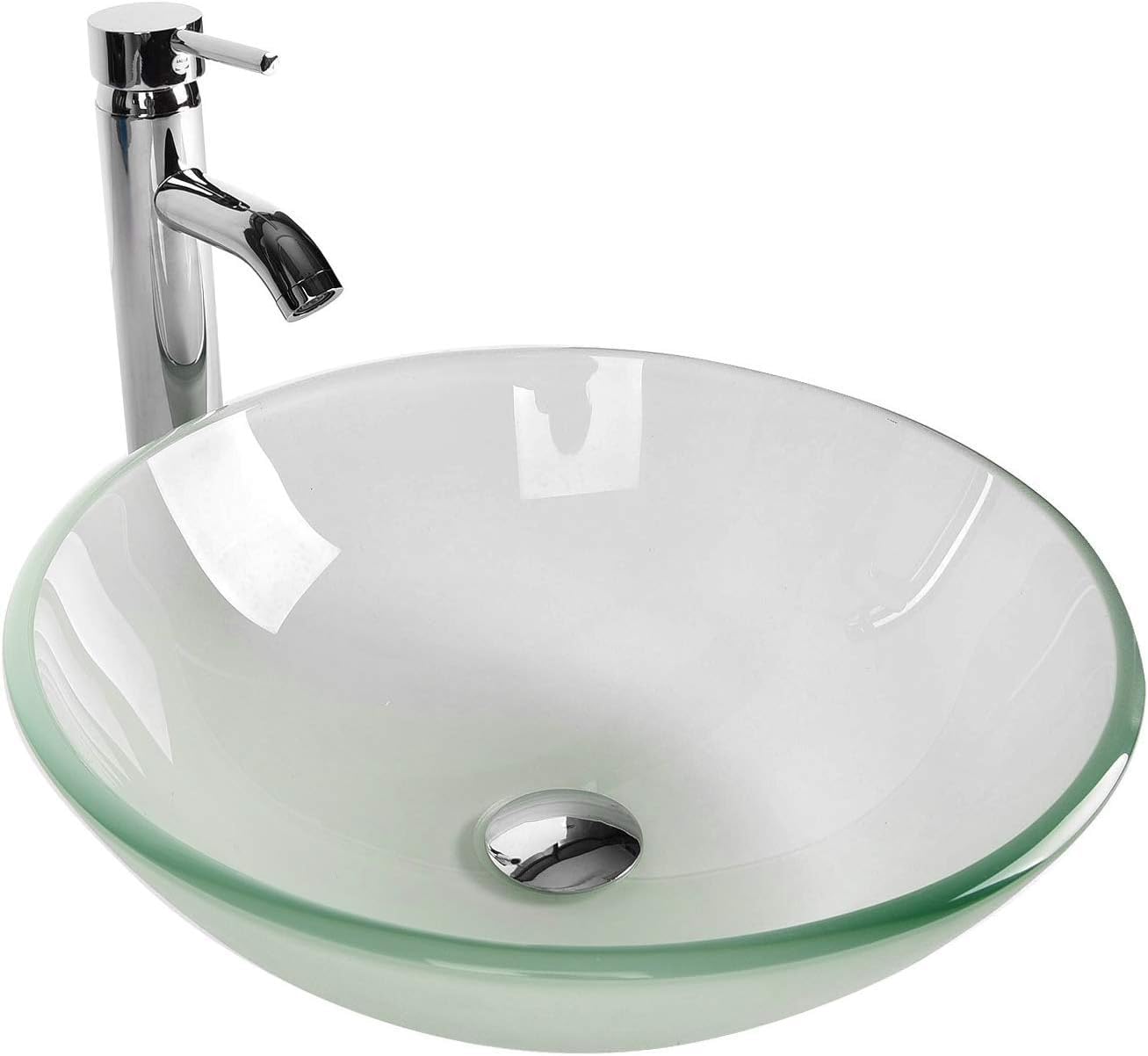 Modern Glass Vessel Sink with Wood Pedestal - Clear Countertop Bathroom Vanity Set Including Faucet and Drain (White & Frosted Finish) - Perfect for Contemporary Bathrooms, Powder Rooms, and Spa-Like Home Decor