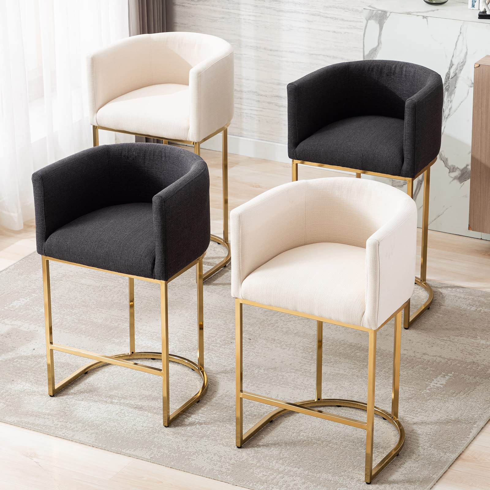 Modern 32 Inch Counter Height Bar Stool with Linen Upholstery & Gold Metal Frame - Back Support Kitchen Island Stool for Dining Room, Bar, or Breakfast Nook - Charcoal Gray