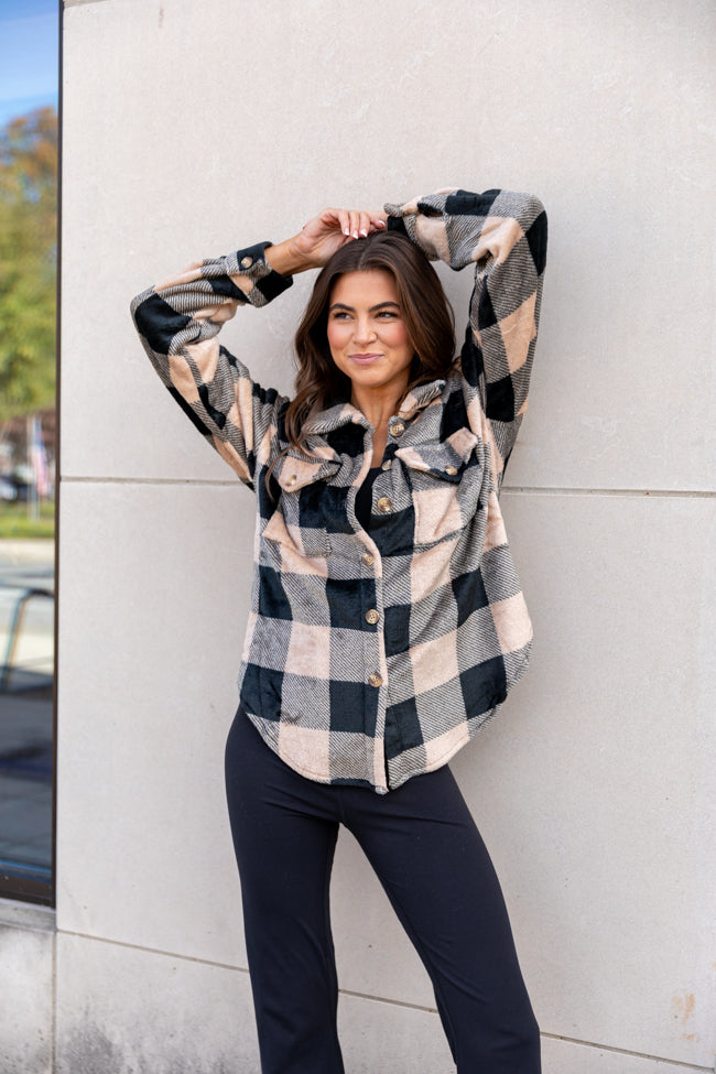 Wind Down Black and Tan Fleece Plaid Shacket - Cozy Overshirt for Men & Women | Perfect for Fall & Winter Layering, Outdoor Adventures & Casual Wear | FINAL SALE