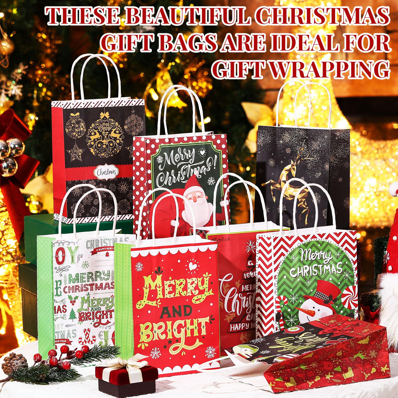 40 Pack Small Christmas Gift Bags with Handles - Kraft Paper Holiday Favor Bags with Tissue Paper (8.27x5.91x3.15 Inch) - Perfect for Xmas Party Favors, Stocking Stuffers & Holiday Gift Wrapping