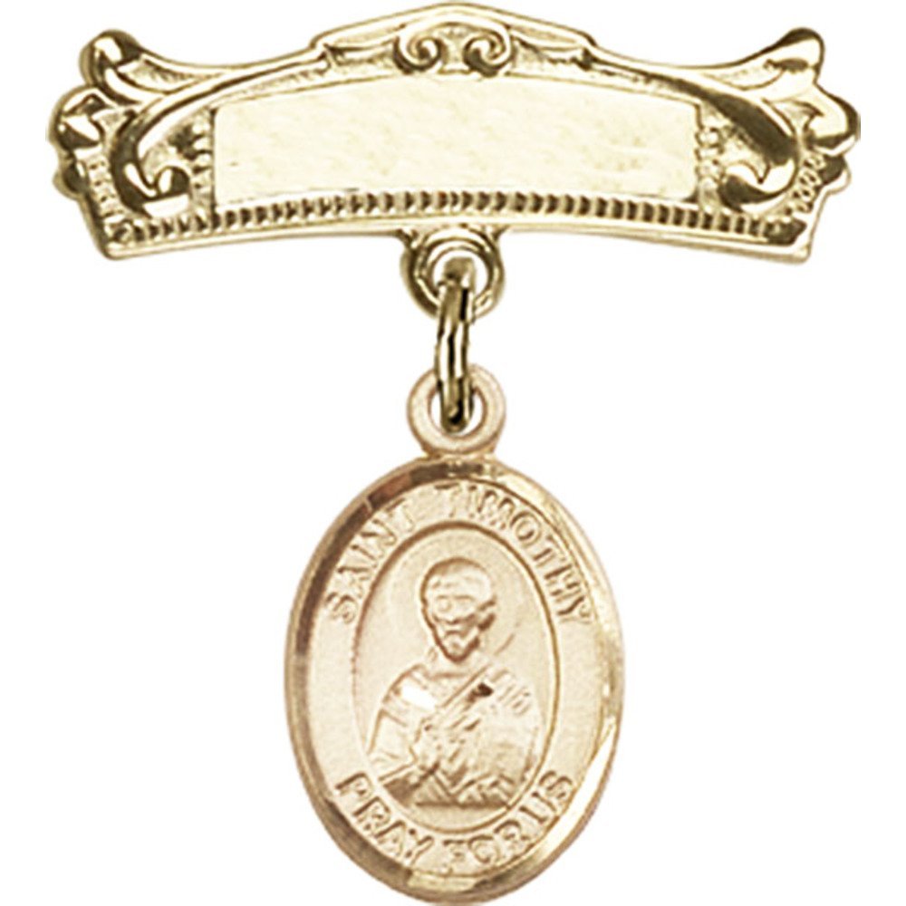 Gold Filled Baby Badge with St. Timothy Charm - 7/8 X 3/4 Inch Arched Polished Pin - Perfect for Christening Gifts, Baby Showers & First Communion Keepsakes