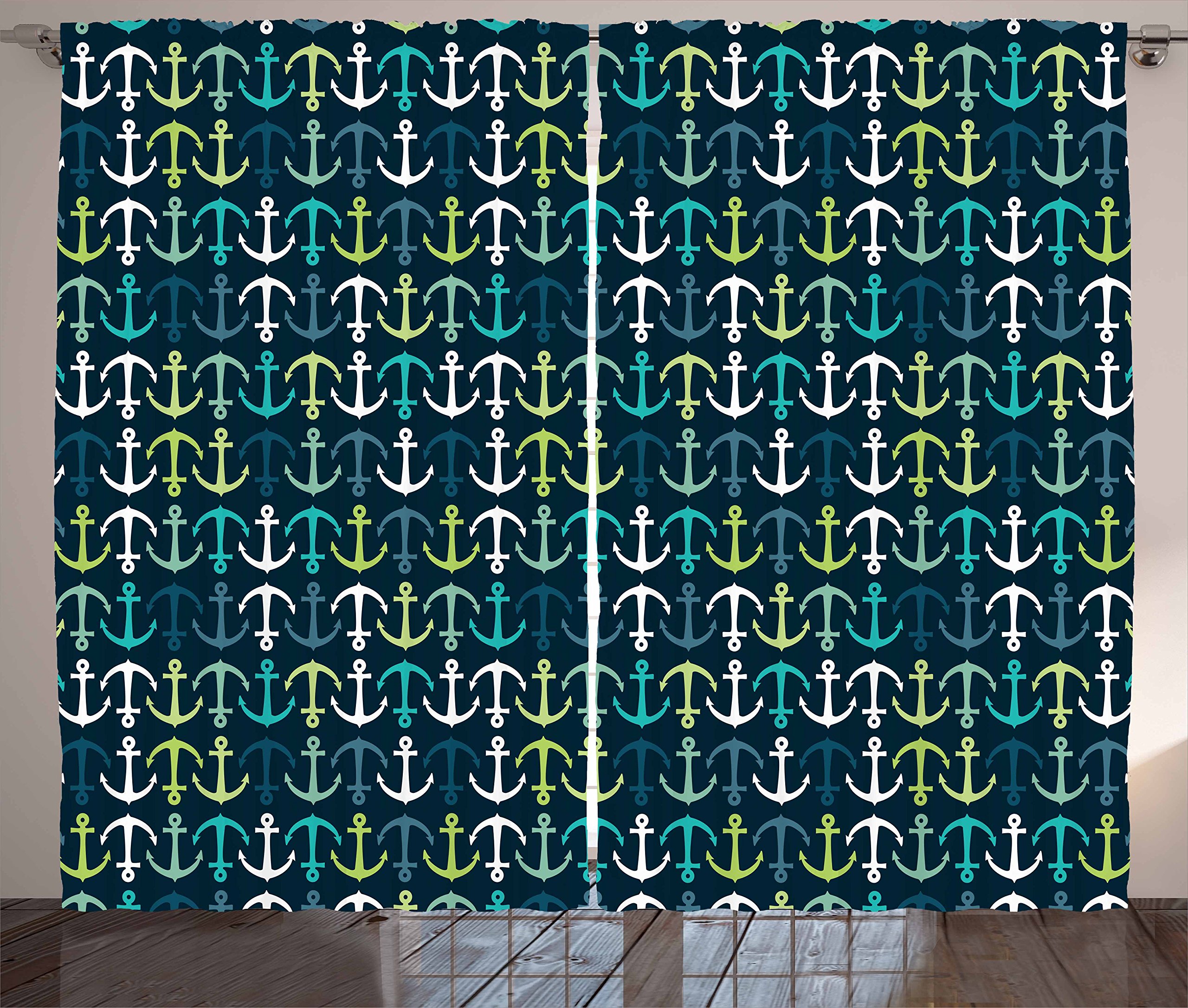 Ambesonne Nautical Anchor Curtains - Dark Blue Green White Maritime Design with Anchors, 108