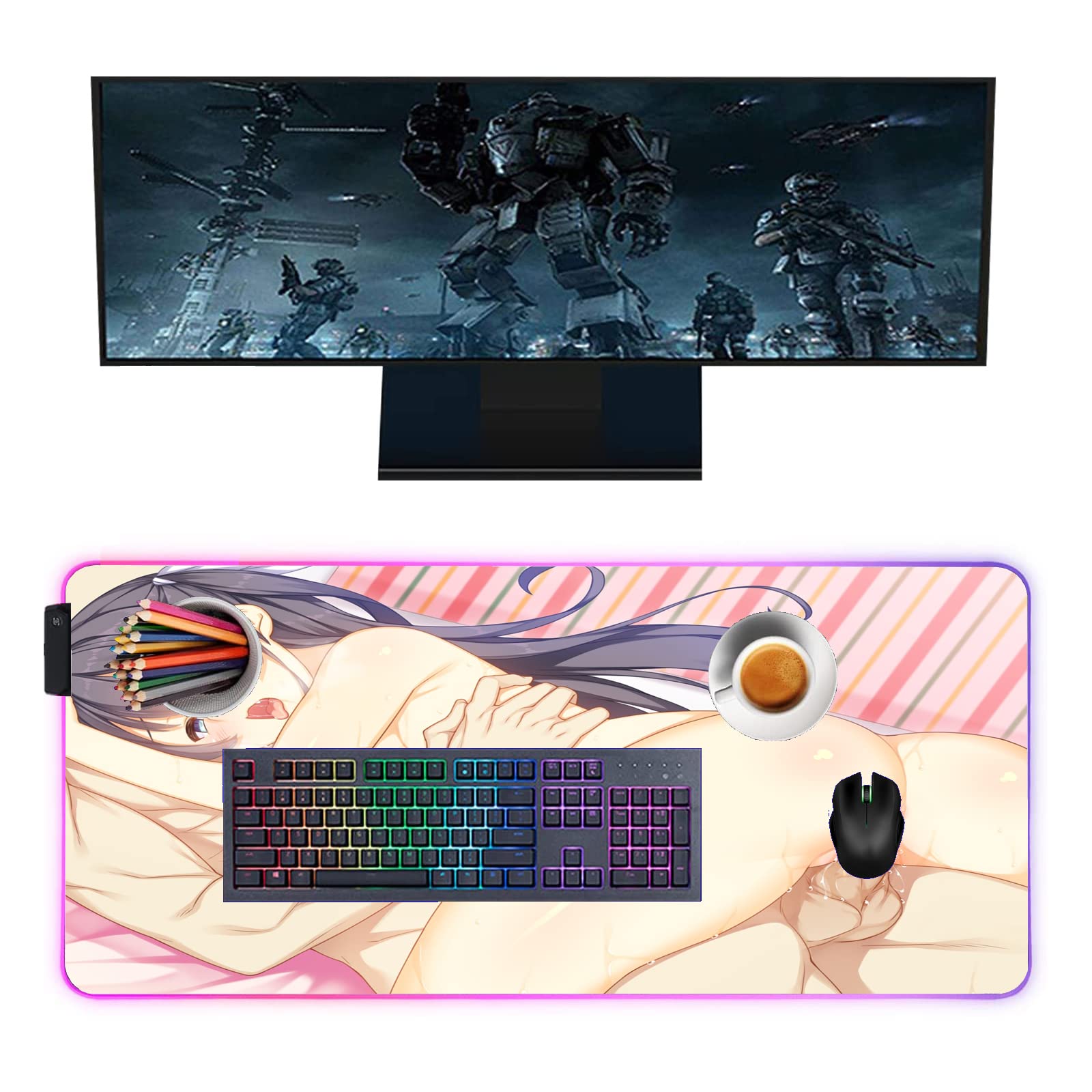 Anime Girl Gaming Mouse Pad - Large 24x12 Inch RGB LED Mousepad for PC, Laptop & Keyboard | Non-Slip Surface, Smooth Tracking | Perfect for Gaming, Office & Home Use