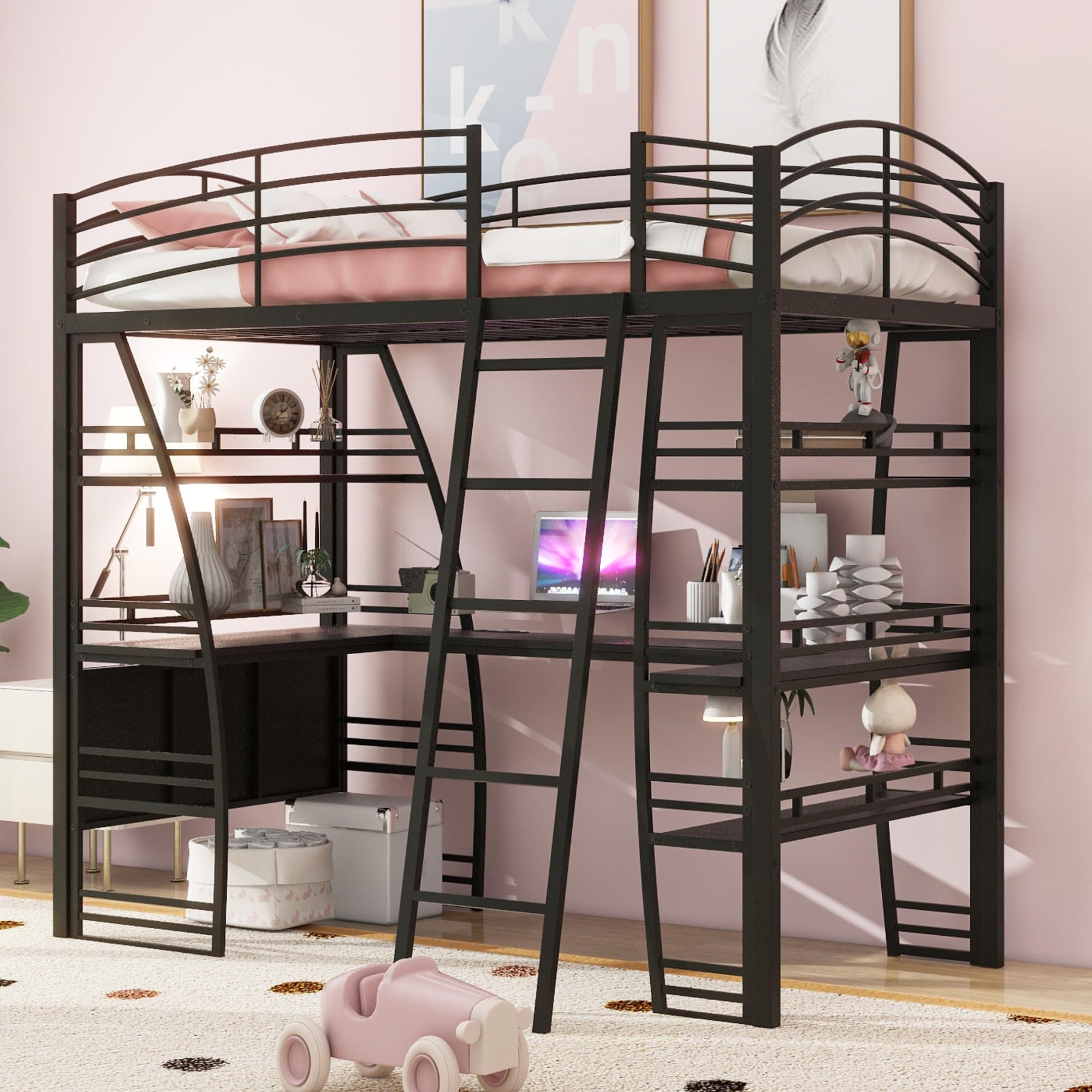 Harper & Bright Designs Twin Size Loft Bed with 4-Tier Shelves & L-Shaped Study Desk - Sturdy Metal Frame with Built-in USB Ports, Power Outlets & Wireless Charging - Space-Saving Black Loft Bed for Kids & Teens - Perfect for Small Bedrooms, Dorms & Studio Apartments