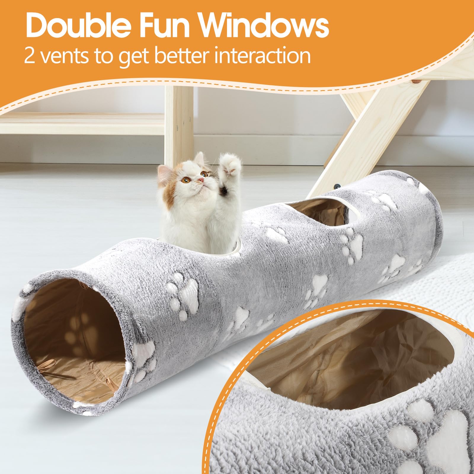 IPetStation Straight Cat Tunnel for Indoor Cats - Collapsible Plush Play Tunnel with Toy Ball for Kittens, Puppies, Bunnies & Small Dogs (Cat Print) | Fun Interactive Pet Toy for Exercise & Playtime