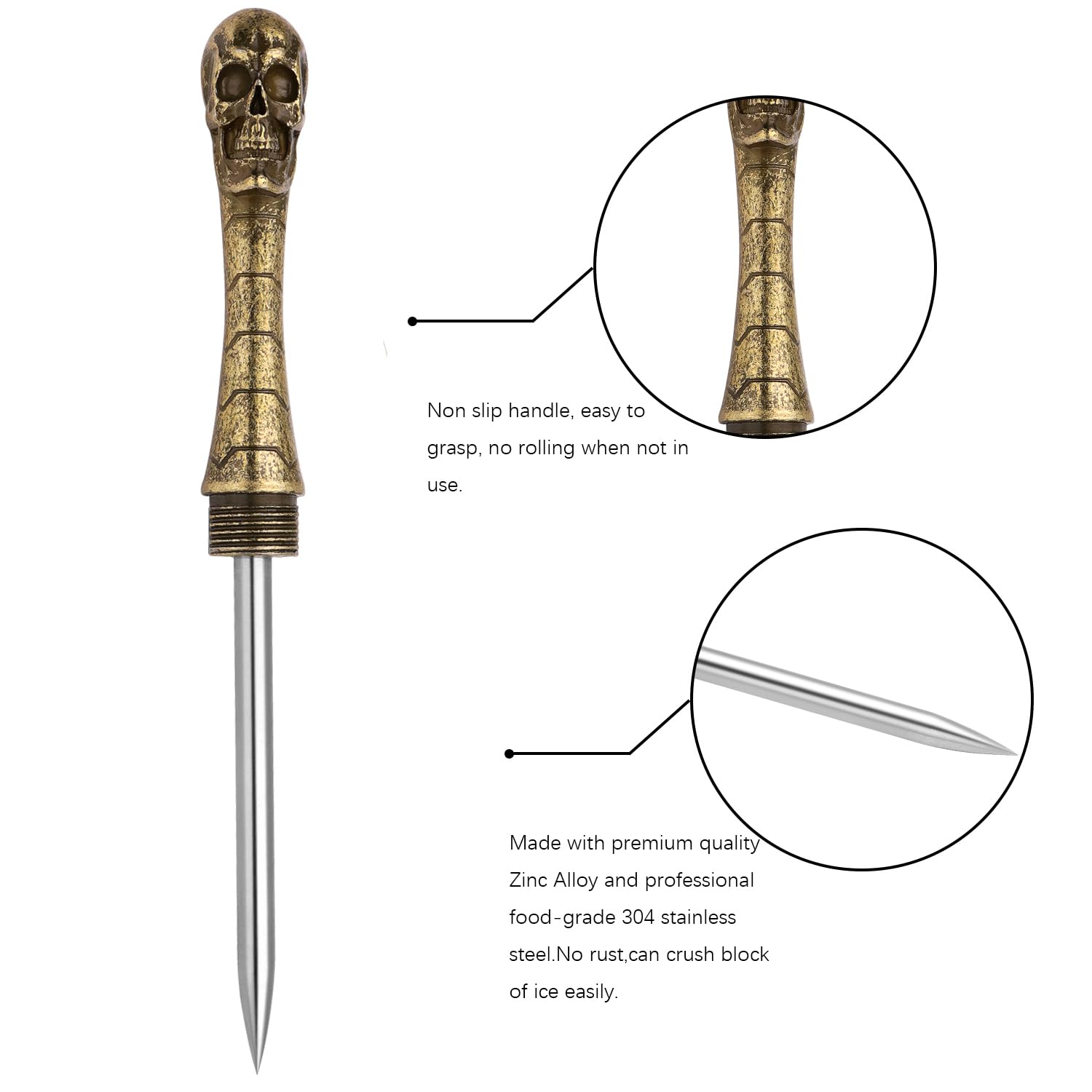 Premium Stainless Steel Ice Pick with Zinc Alloy Handle & Safety Cover - Durable Ice Tool for Kitchen, Bar, Restaurant & Home Use - Perfect for Breaking Ice Cubes, Cocktail Making & Food Preparation (Bronze)