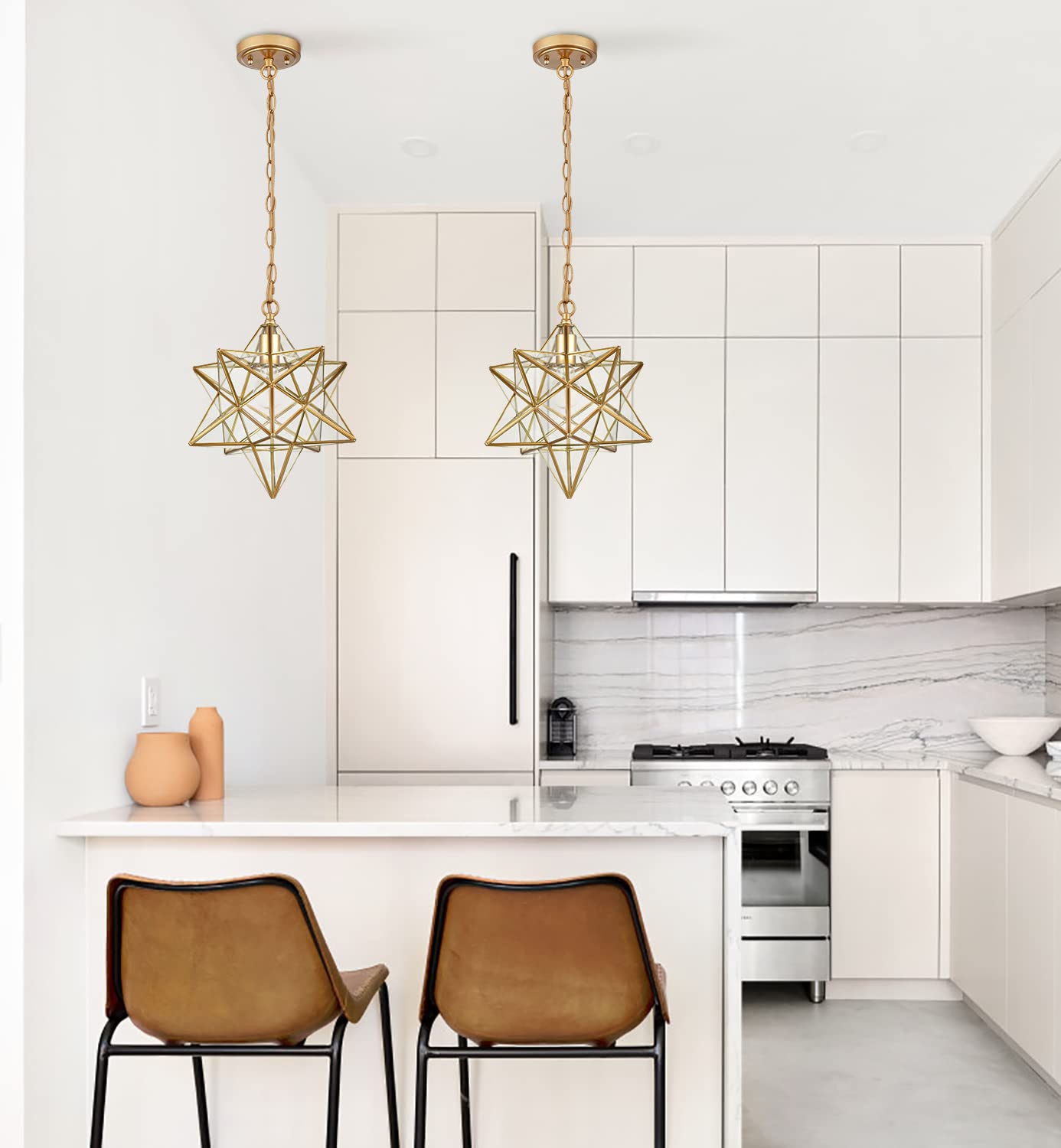 Modern Brass Moravian Star Pendant Light - 14 Inch Clear Glass Shade for Dining Room, Bedroom & Living Room Lighting