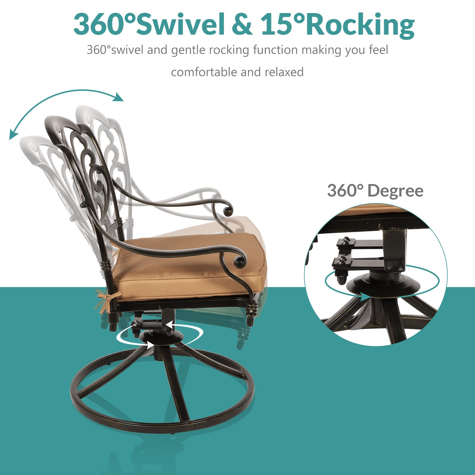 MEETWARM 2-Piece Outdoor Swivel Rocking Chairs - All-Weather Cast Aluminum Patio Dining Set with Cushions - Dark Bronze - Perfect for Garden, Deck, Backyard, and Poolside Relaxation