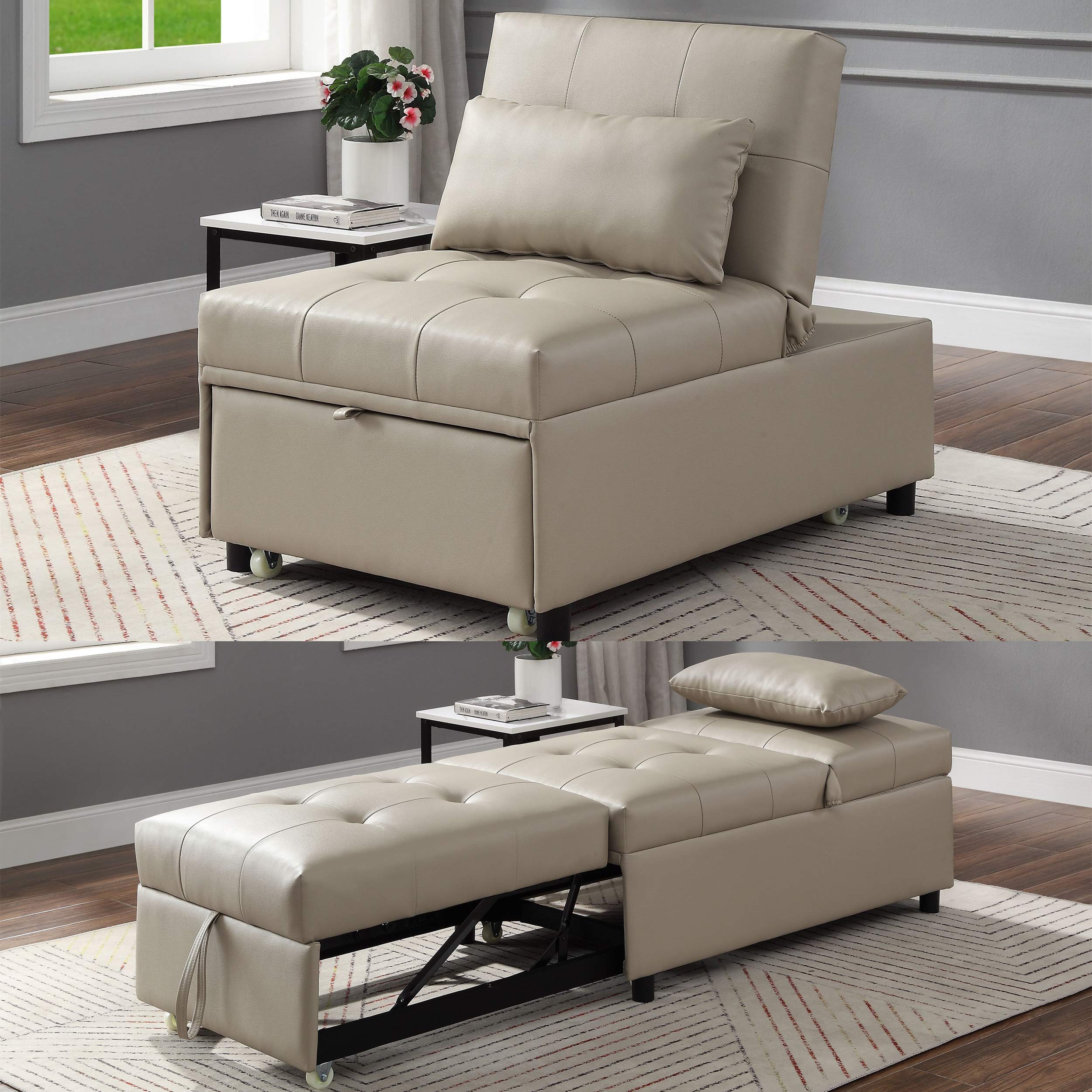 4-in-1 Convertible Sofa Bed with Pull-Out Sleeper | HABITRIO Solid Wood Frame Button Tufted Beige PU Upholstered Couch with Pillow | Ottoman, Lounge Chair & Sleeper Sofa | Perfect for Small Spaces, Living Room & Bedroom | Ideal for Apartments, Guest Rooms & Home Offices