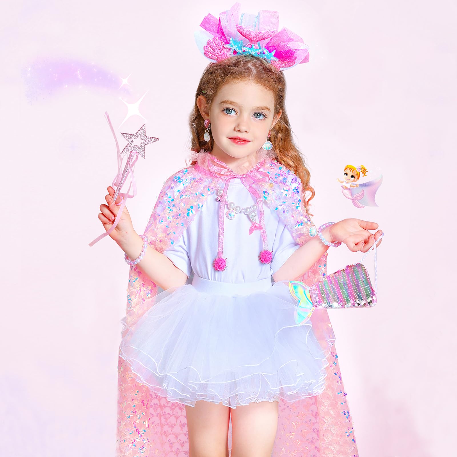 Sparkly Mermaid Princess Cape & Cloak Costume for Girls Ages 3-6 - Shimmering Sequins Dress Up Play Outfit for Birthday Parties, Halloween & Pretend Play