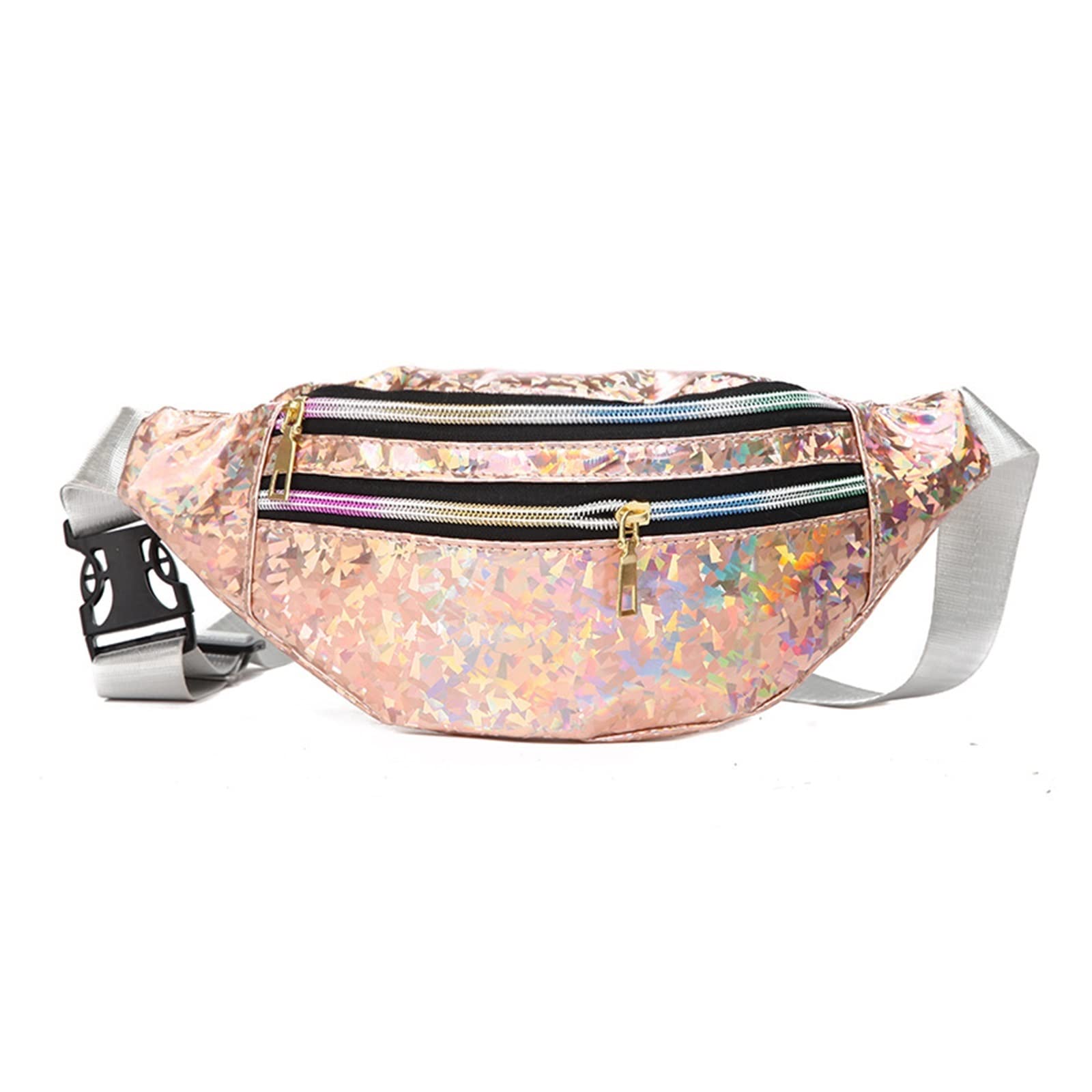 1PC Holographic Fanny Pack for Women - PU Waist Bag with Zipper, Fashionable Crossbody Chest Bag for Travel, Beach, Running & Outdoor Activities (Champagne Color, One Size)