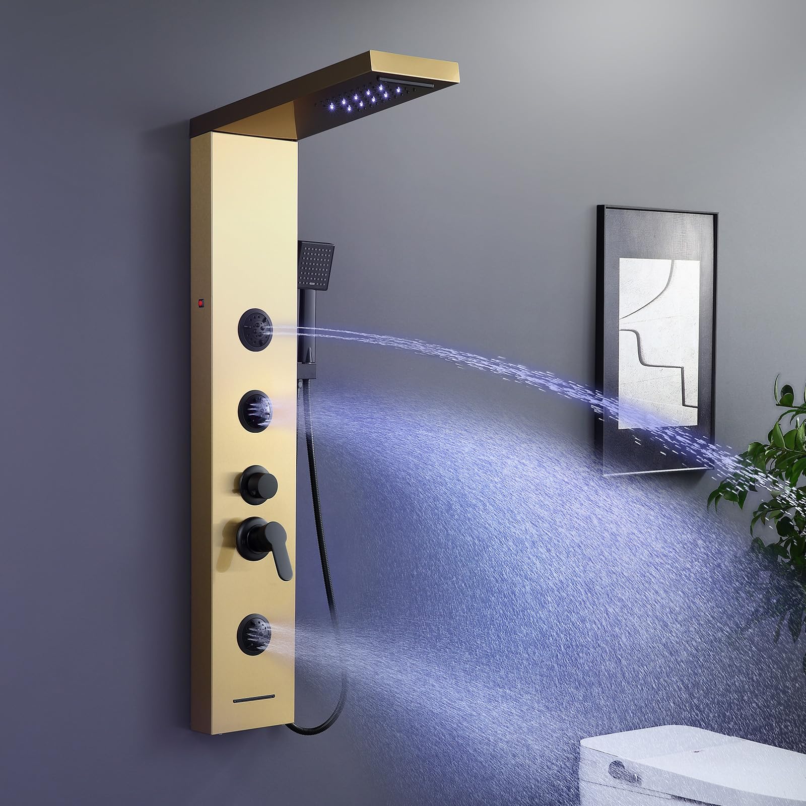 ROVATE 5-in-1 Stainless Steel Shower Panel Tower System - Brushed Gold LED Rainfall Shower with Waterfall, Massage Jets & Handheld Sprayer - High Pressure Bathroom Shower Column with Tub Spout for Luxurious Spa Experience at Home