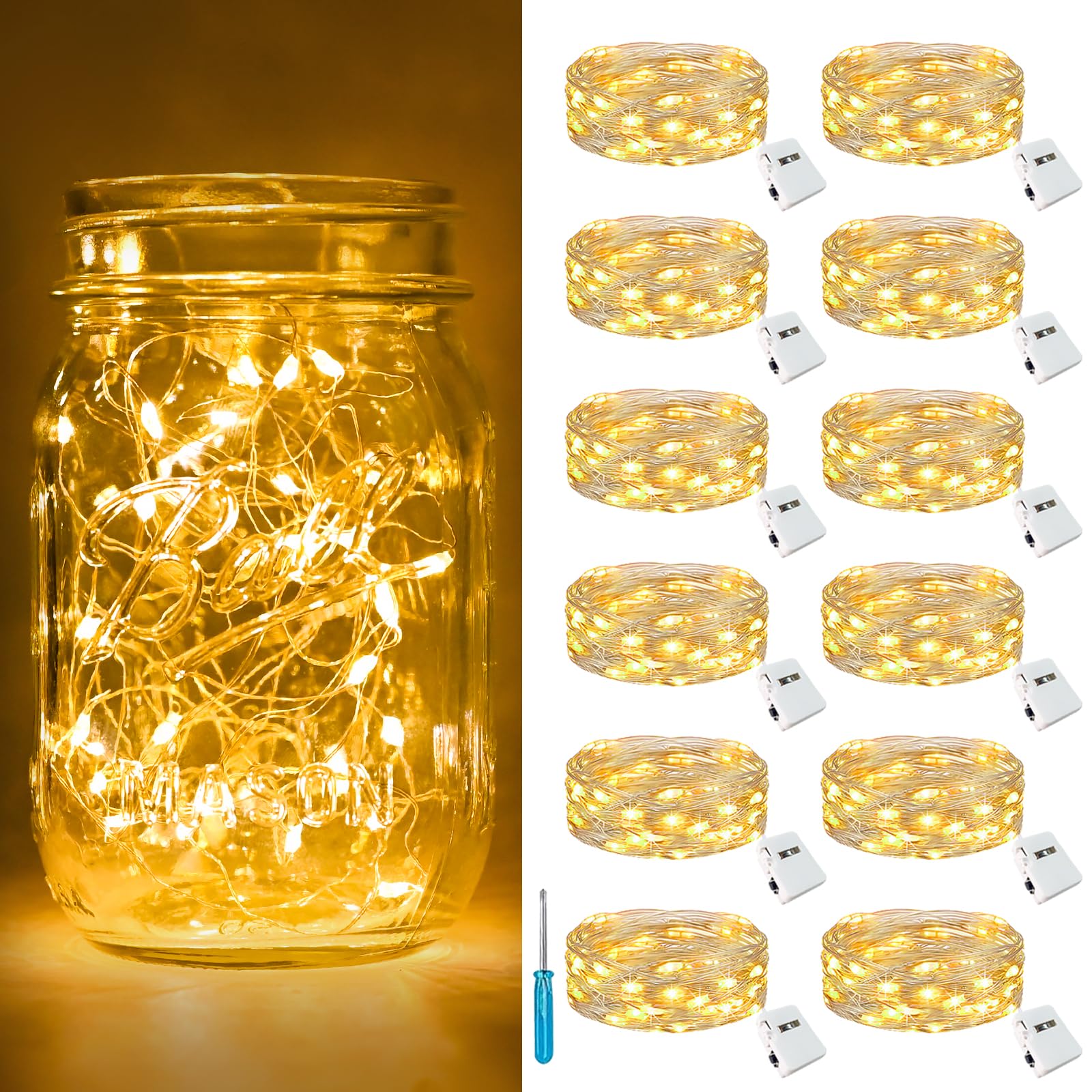 12 Pack 3 Modes LED Fairy Lights Battery Operated - 2M 20LED Mini String Lights with Silver Wire, IP65 Waterproof for Indoor Outdoor Use - Perfect for Jars, Christmas Decorations, Party Lighting, Bedroom Ambiance, Wedding, Garden and Home Decor