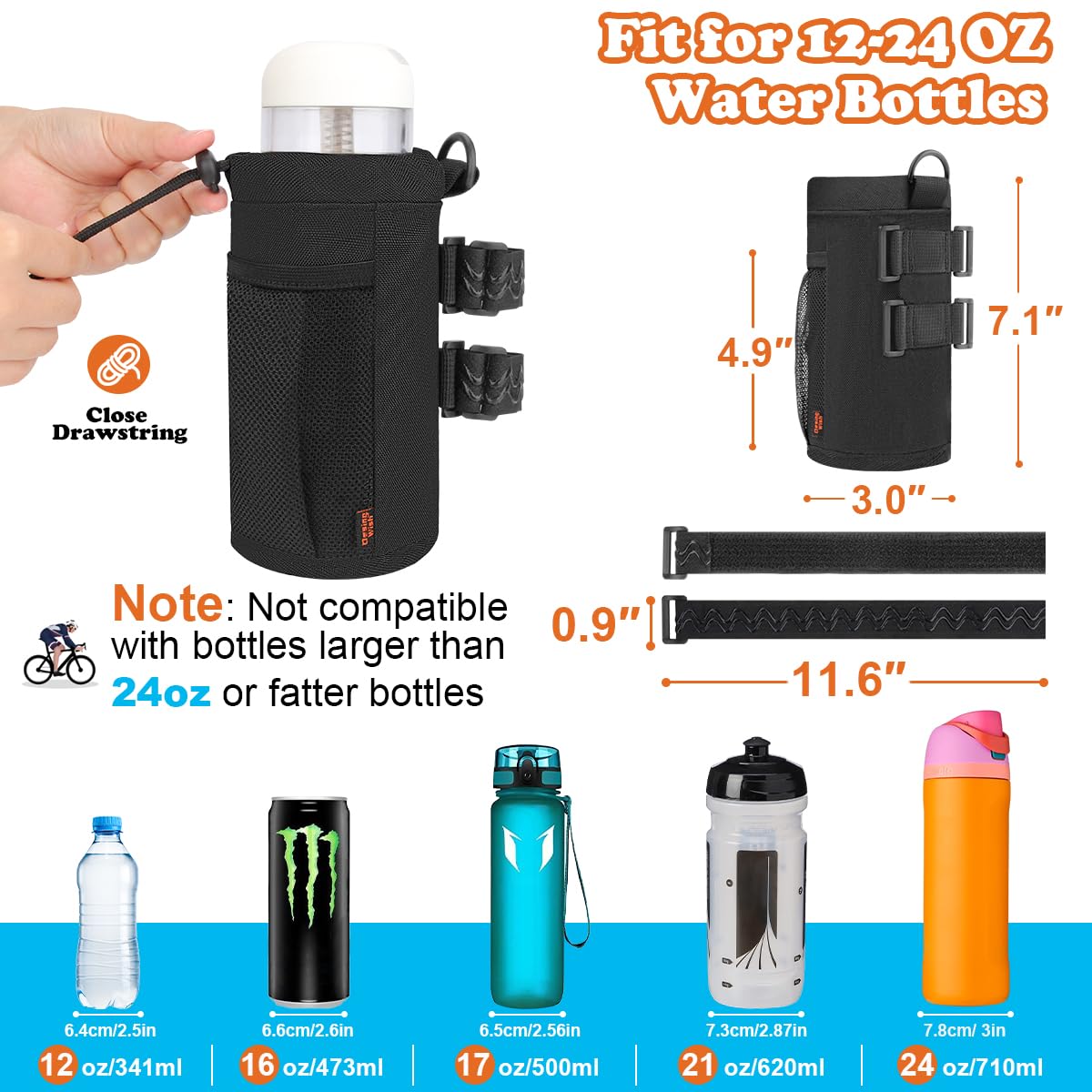 24oz Bike Water Bottle Holder with Mesh Pocket - Durable Bike Cup Holder Sling for Mountain Biking, Walking, Scooter & Sports - Perfect for Hydration During Outdoor Activities