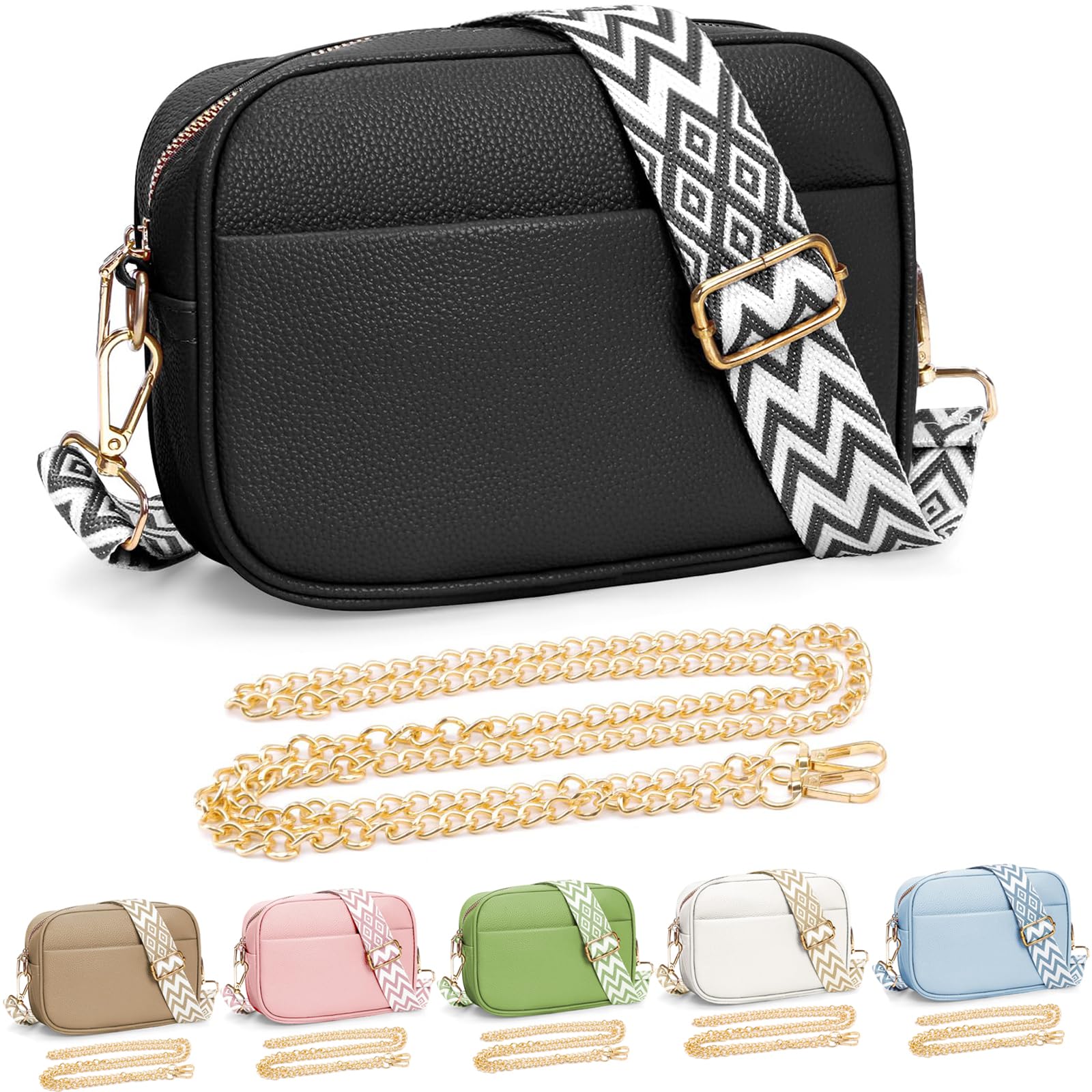 YILCER Women's Small Leather Crossbody Bag - Adjustable Guitar Strap Shoulder Purse for Camera & Essentials, 2 Changeable Straps (Black) | Perfect for Travel, Work & Everyday Use