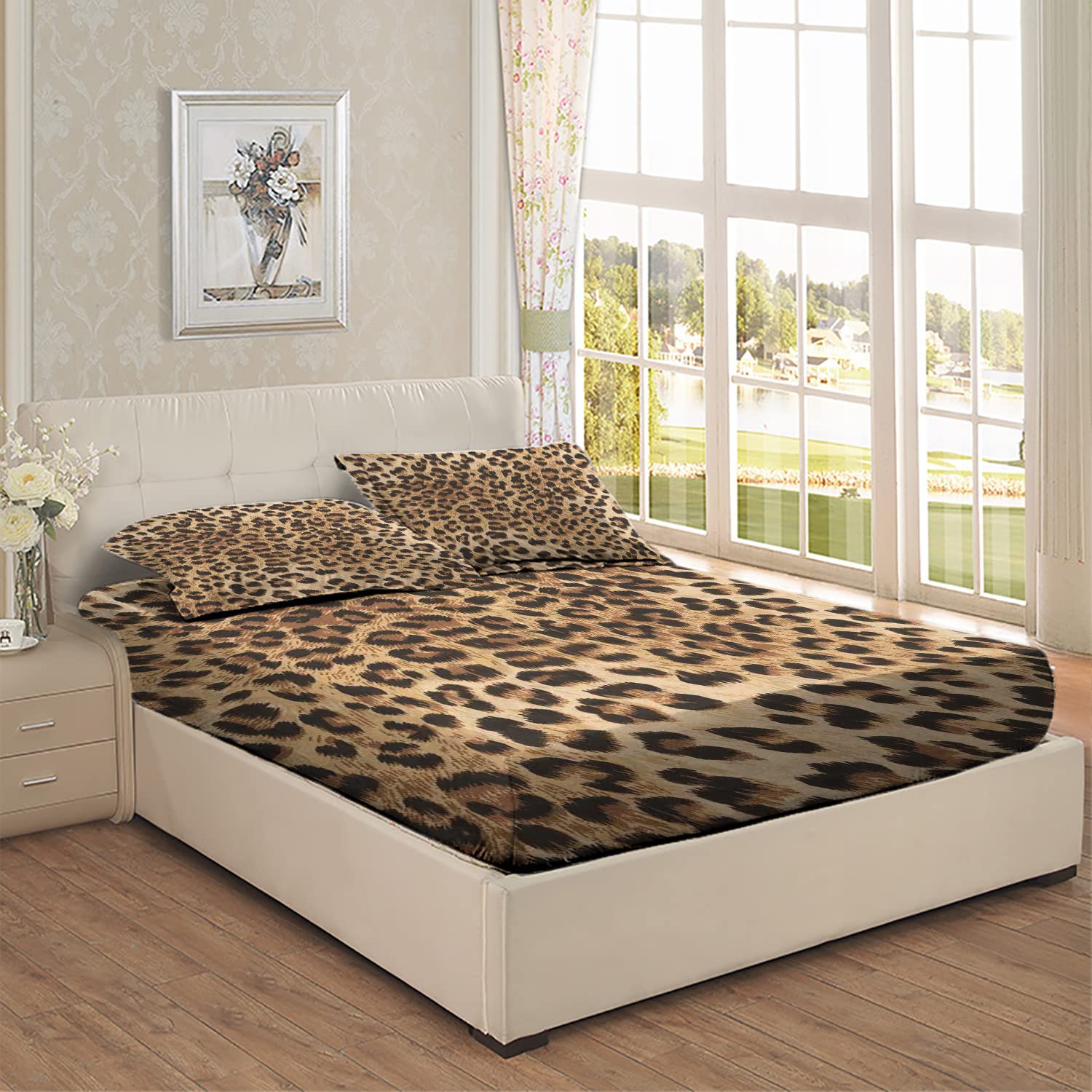 Leopard Print Twin/Twin XL Fitted Sheet Set - Wild Animal Skin Pattern, Ultra Soft & Breathable Bedding - Perfect Fit for Mattress - Pale Brown - Ideal for Jungle Themed Bedrooms, Kids Rooms & Boho Decor