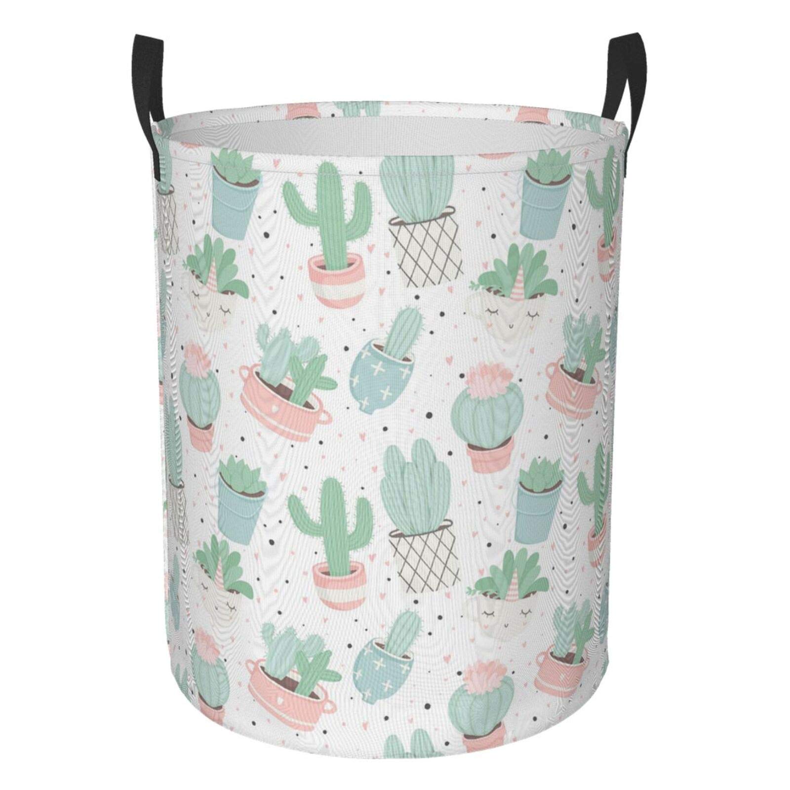 Cute Cacti Succulents Pattern Collapsible Laundry Basket with Handle - Waterproof Fabric Hamper for Dirty Clothes, Toys & Bathroom Storage - Foldable Organizer Bin for Home, Dorm & RV Use