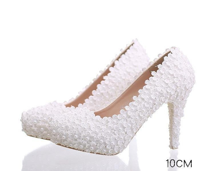 Pearl Lace Pointed Toe White High Heel Wedding Shoes for Bride - Elegant Bridal Heels for Wedding Ceremony, Reception & Photoshoot - Style S016