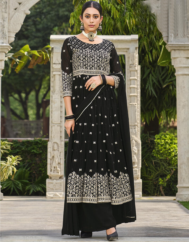 Elegant Black Pure Faux Georgette Lehenga Suit for Women - Perfect for Weddings, Parties & Festive Occasions