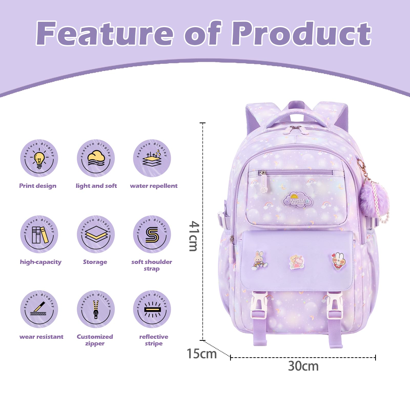 Stylish 15.6 Inch Waterproof School Backpack for Girls Ages 6-12 - Large Capacity Cute Purple Backpack for Kids - Perfect for School, Travel & Daily Use