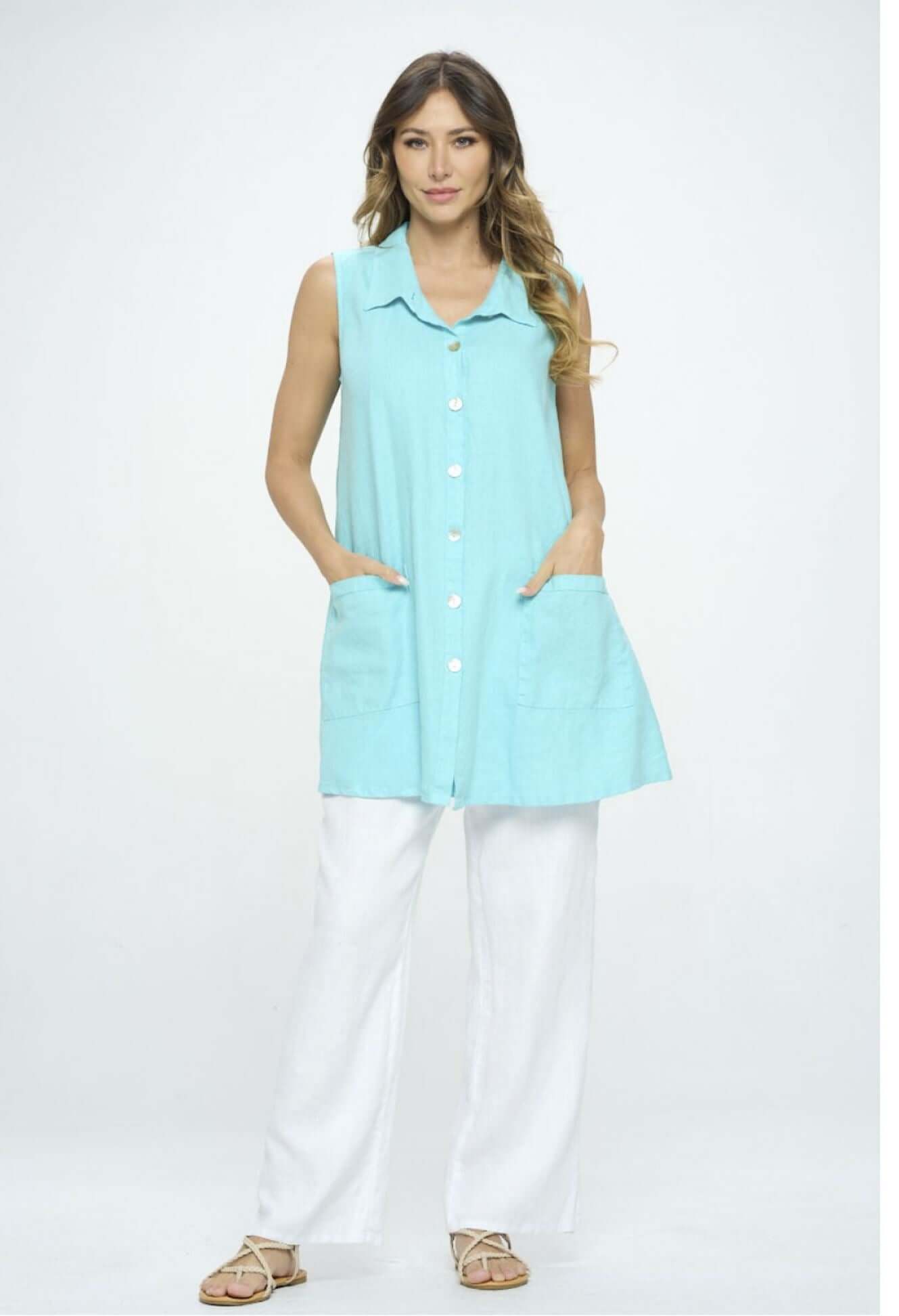 Premium Linen Aqua Blue Sleeveless Button Down Tunic - Made in USA - Women's Summer Beach Cover Up & Casual Boho Outfit