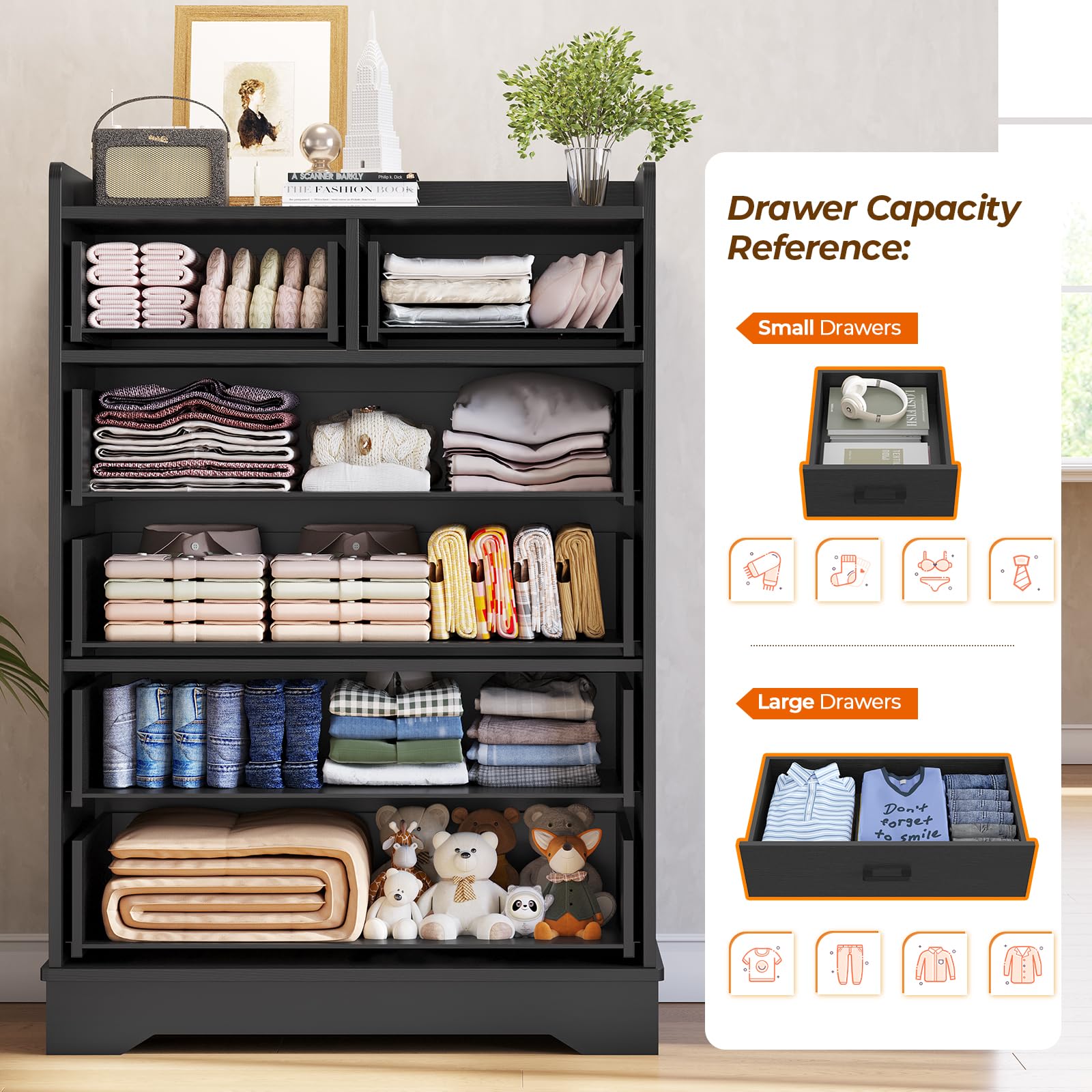 Hasuit Black 6 Drawer Dresser - Solid Wood Storage Chest with Large Capacity, Vertical Clothing Organizer for Bedroom, Hallway & Entryway | Perfect for Small Space Organization & Home Decor