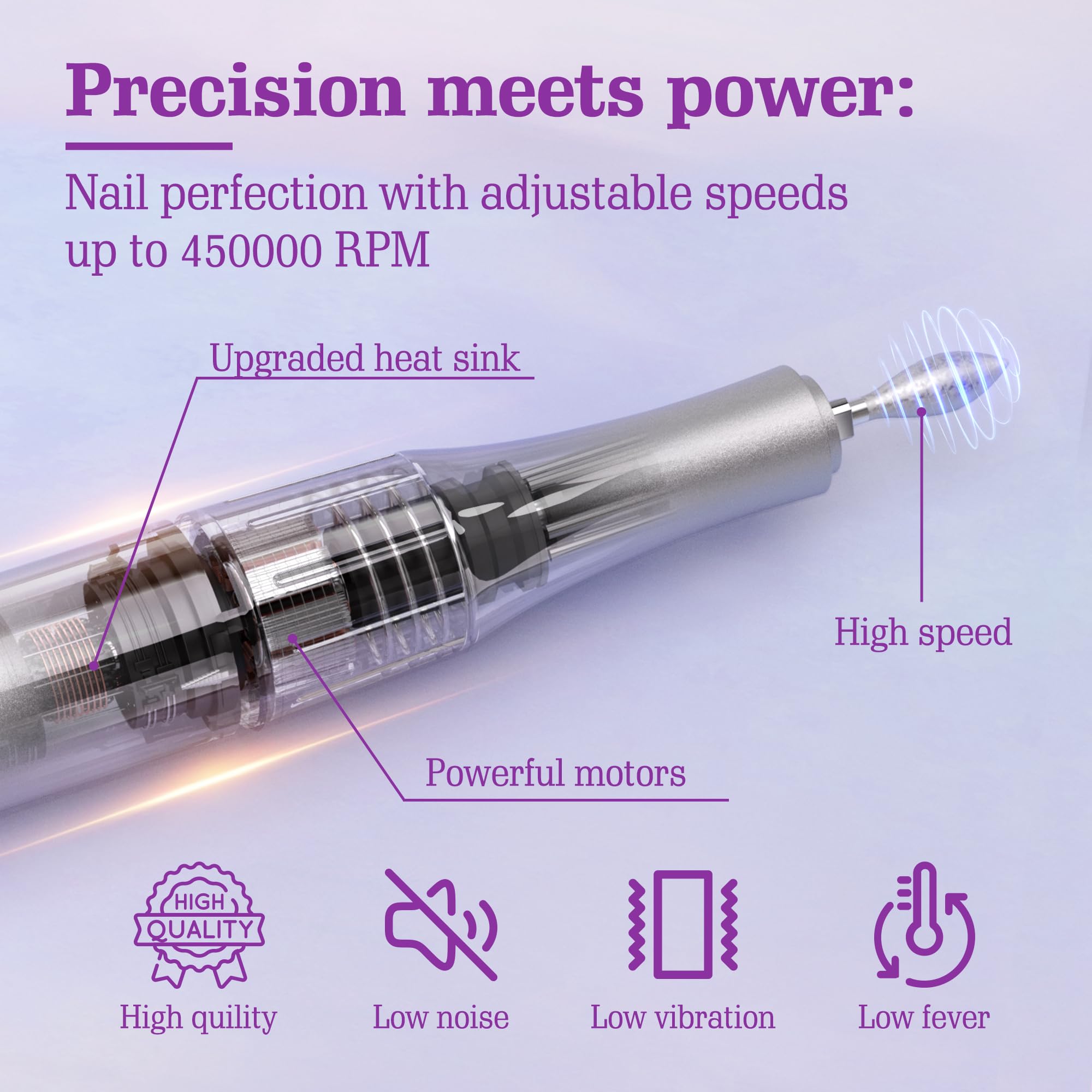 Professional Electric Nail Drill Kit - Low Noise, Low Heat & Vibration, 6 Drill Bits & Sanding Bands - Perfect for DIY Home Manicure, Salon Pedicures & Acrylic Nail Art (Purple)