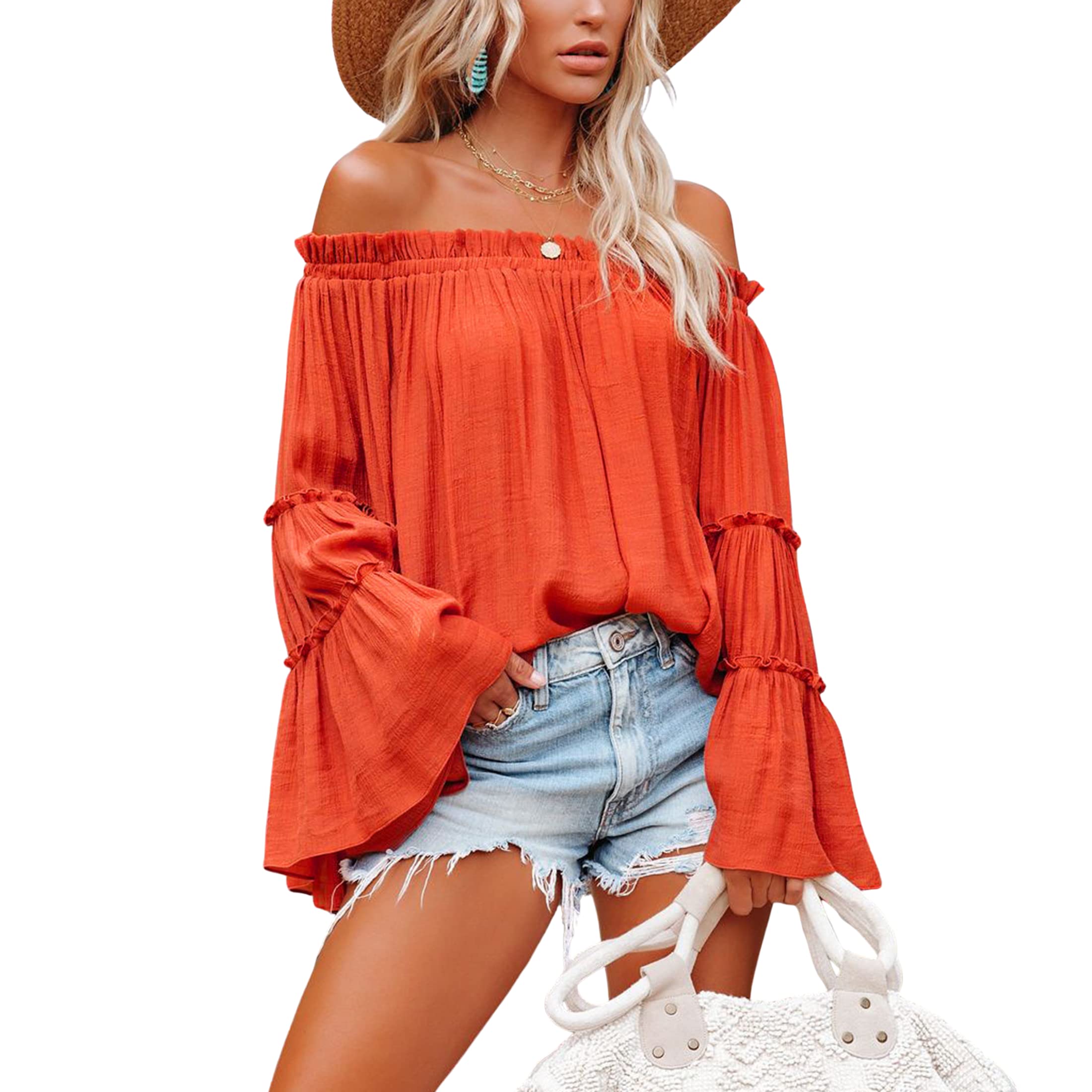 PUWEI Women's Off Shoulder Casual Blouse - Ruffled Bell Sleeve Loose Shirt Tops for Women | Perfect for Date Night, Office Wear & Summer Outfits